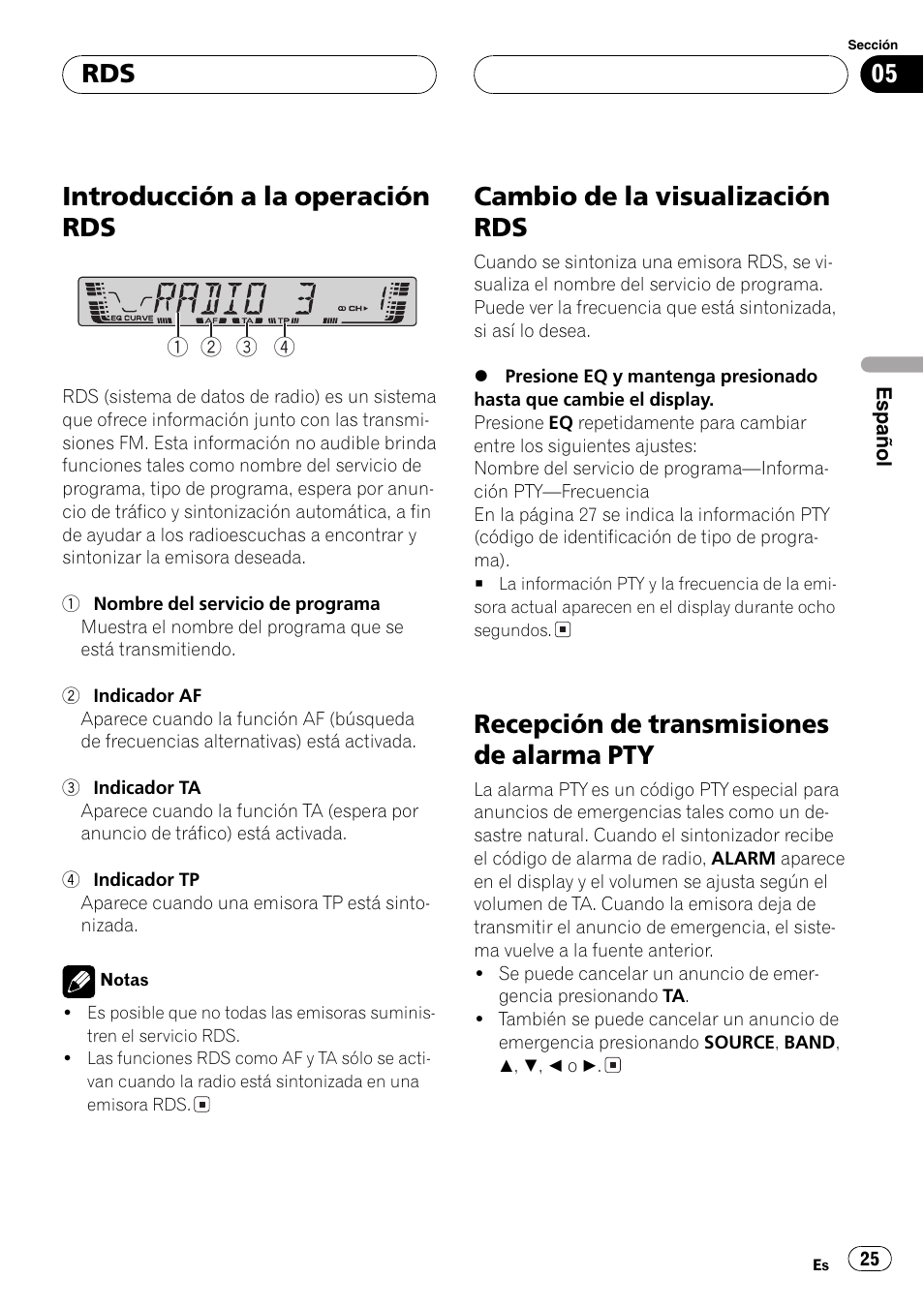 Pty 25, Introducción a la operación rds, Cambio de la visualización rds | Recepción de transmisiones de alarma pty | Pioneer DEH-2700RB User Manual | Page 25 / 116