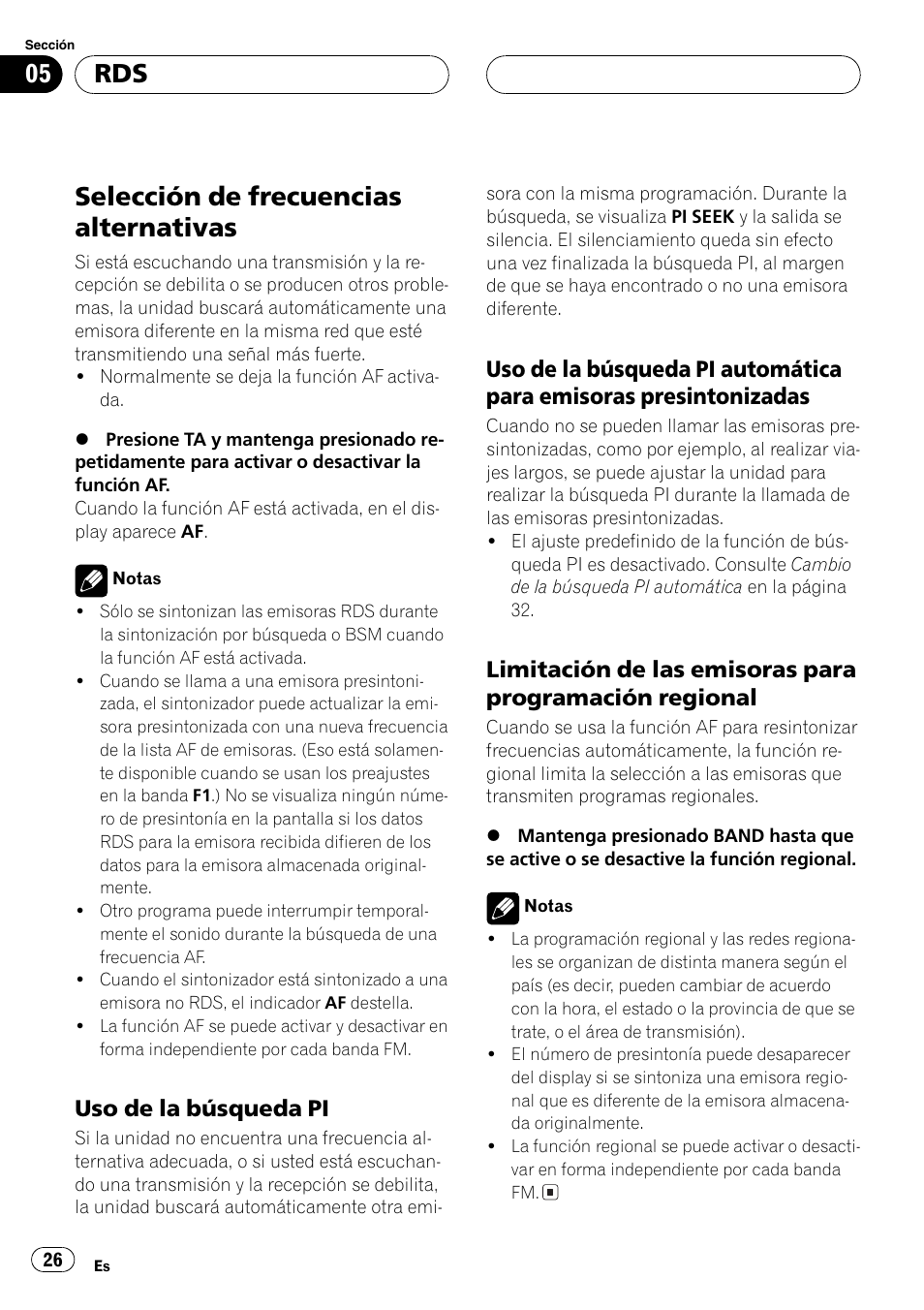 Selección de frecuencias alternativas 26, Uso de la búsqueda pi 26, Uso de la búsqueda piautomática | Para emisoras presintonizadas 26, Limitación de las emisoras para, Programación regional 26, Selección de frecuencias alternativas, Uso de la búsqueda pi | Pioneer DEH-2700RB User Manual | Page 26 / 116