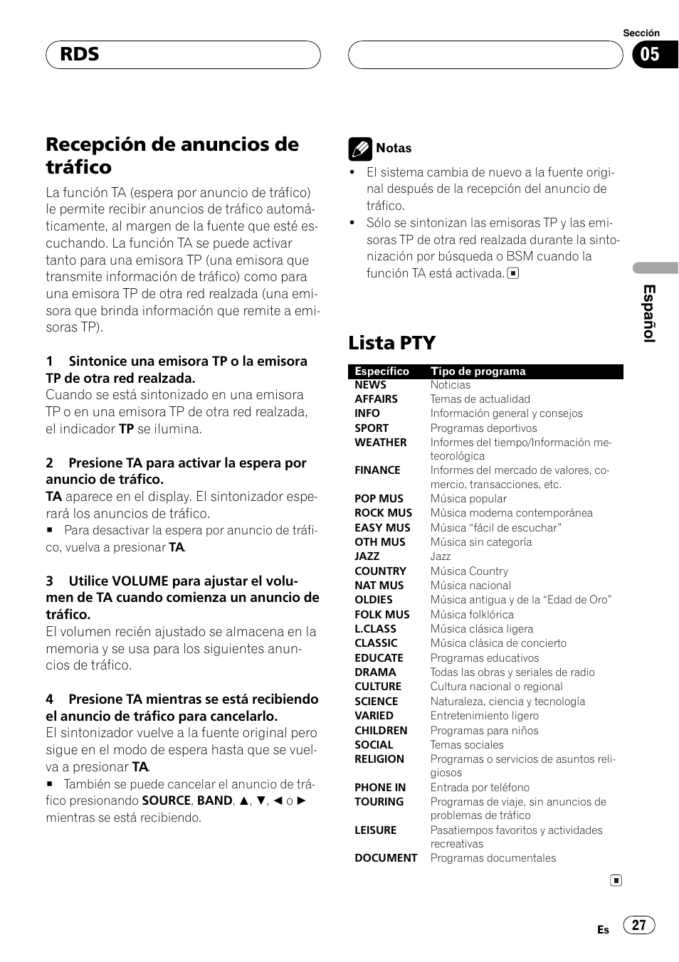 Recepción de anuncios de tráfico 27 lista pty 27, Recepción de anuncios de tráfico, Lista pty | Español | Pioneer DEH-2700RB User Manual | Page 27 / 116