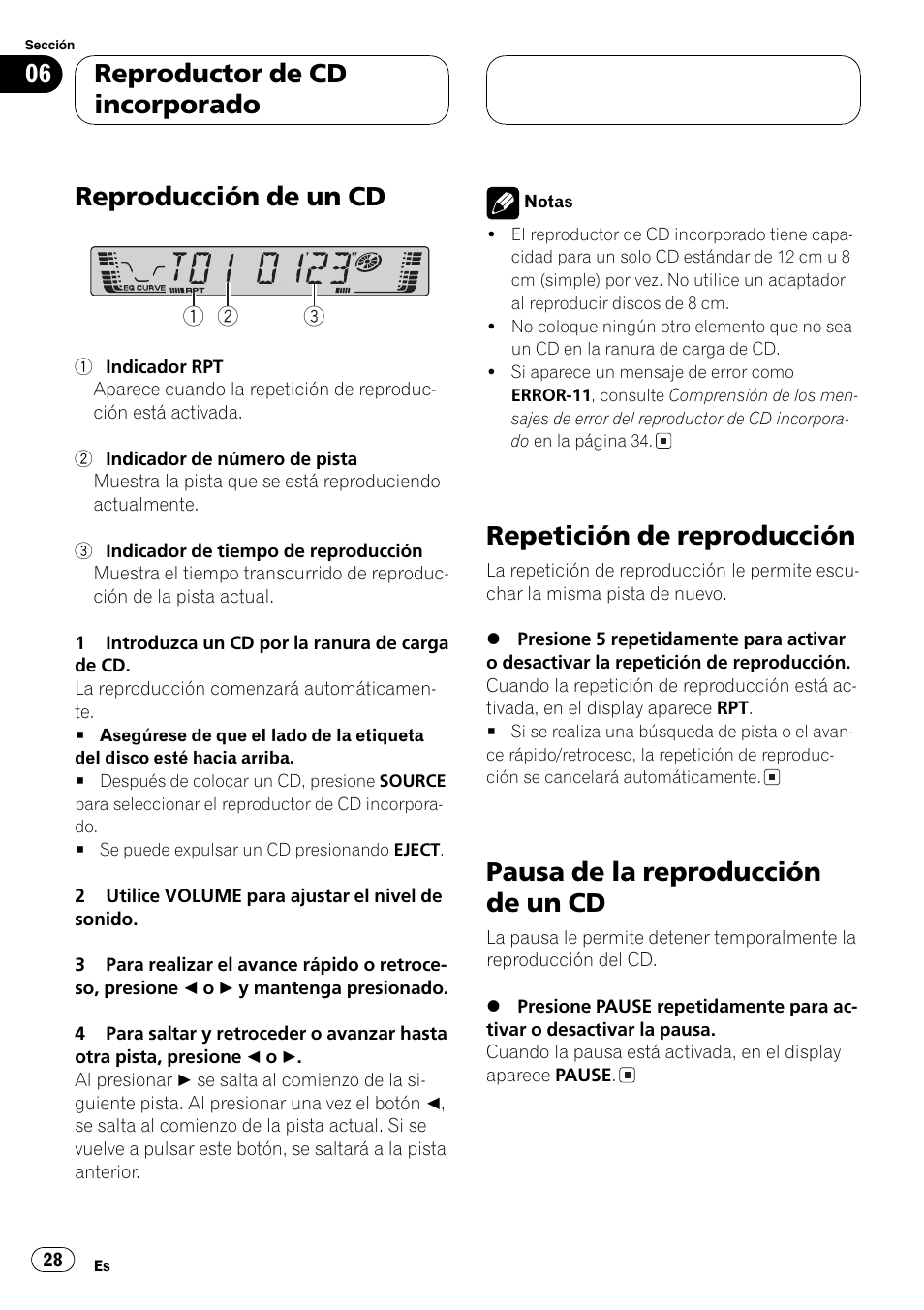 Pausa de la reproducción de un cd 28, Reproducción de un cd, Repetición de reproducción | Pausa de la reproducción de un cd, Reproductor de cd incorporado | Pioneer DEH-2700RB User Manual | Page 28 / 116