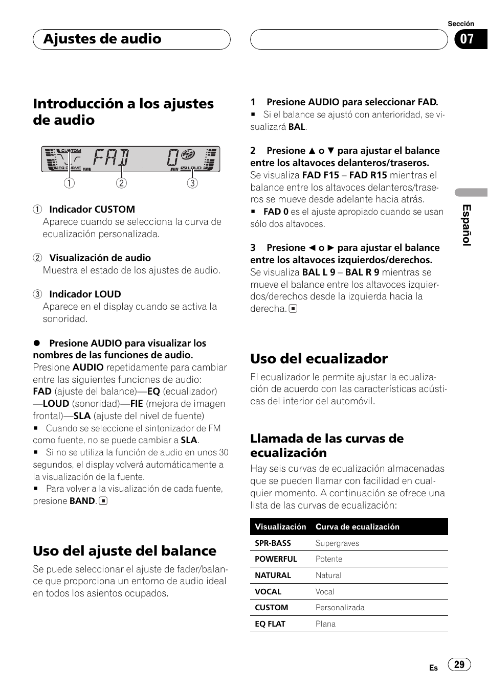 Llamada de las curvas de, Ecualización 29, Introducción a los ajustes de audio | Uso del ajuste del balance, Uso del ecualizador, Ajustes de audio, Llamada de las curvas de ecualización | Pioneer DEH-2700RB User Manual | Page 29 / 116