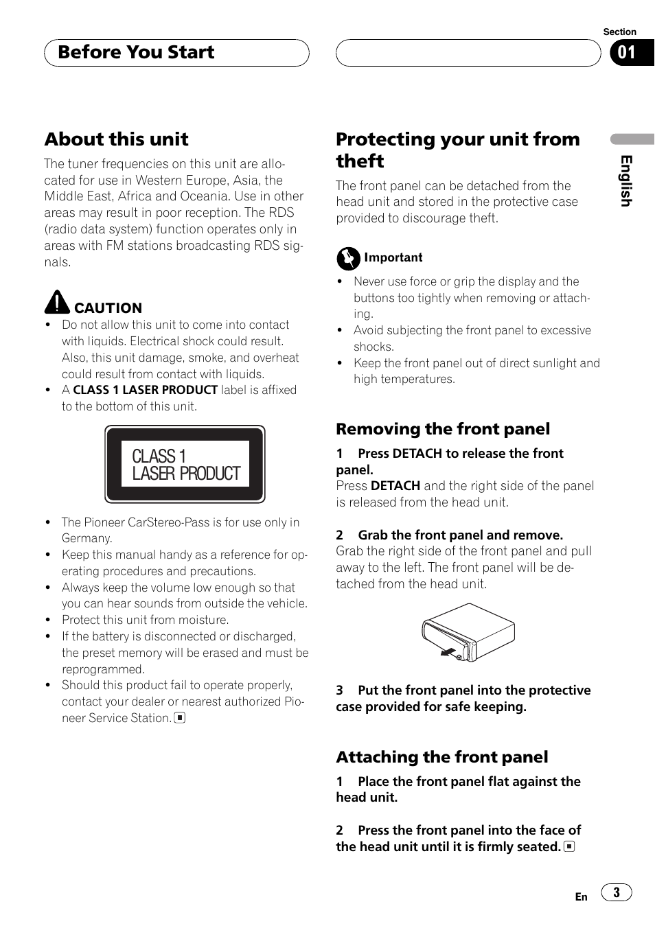 Removing the front panel 3, Attaching the front panel 3, About this unit | Protecting your unit from theft, Before you start, Class 1 laser product, Removing the front panel, Attaching the front panel | Pioneer DEH-2700RB User Manual | Page 3 / 116