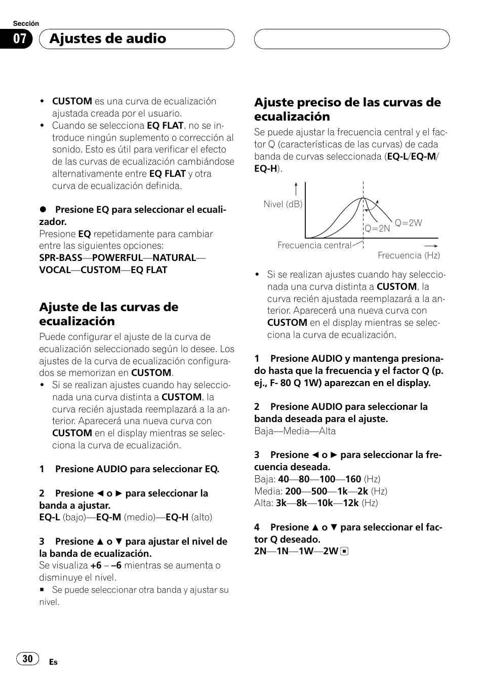 Ajuste de las curvas de, Ecualización 30, Ajuste preciso de las curvas de | Ajustes de audio, Ajuste de las curvas de ecualización, Ajuste preciso de las curvas de ecualización | Pioneer DEH-2700RB User Manual | Page 30 / 116