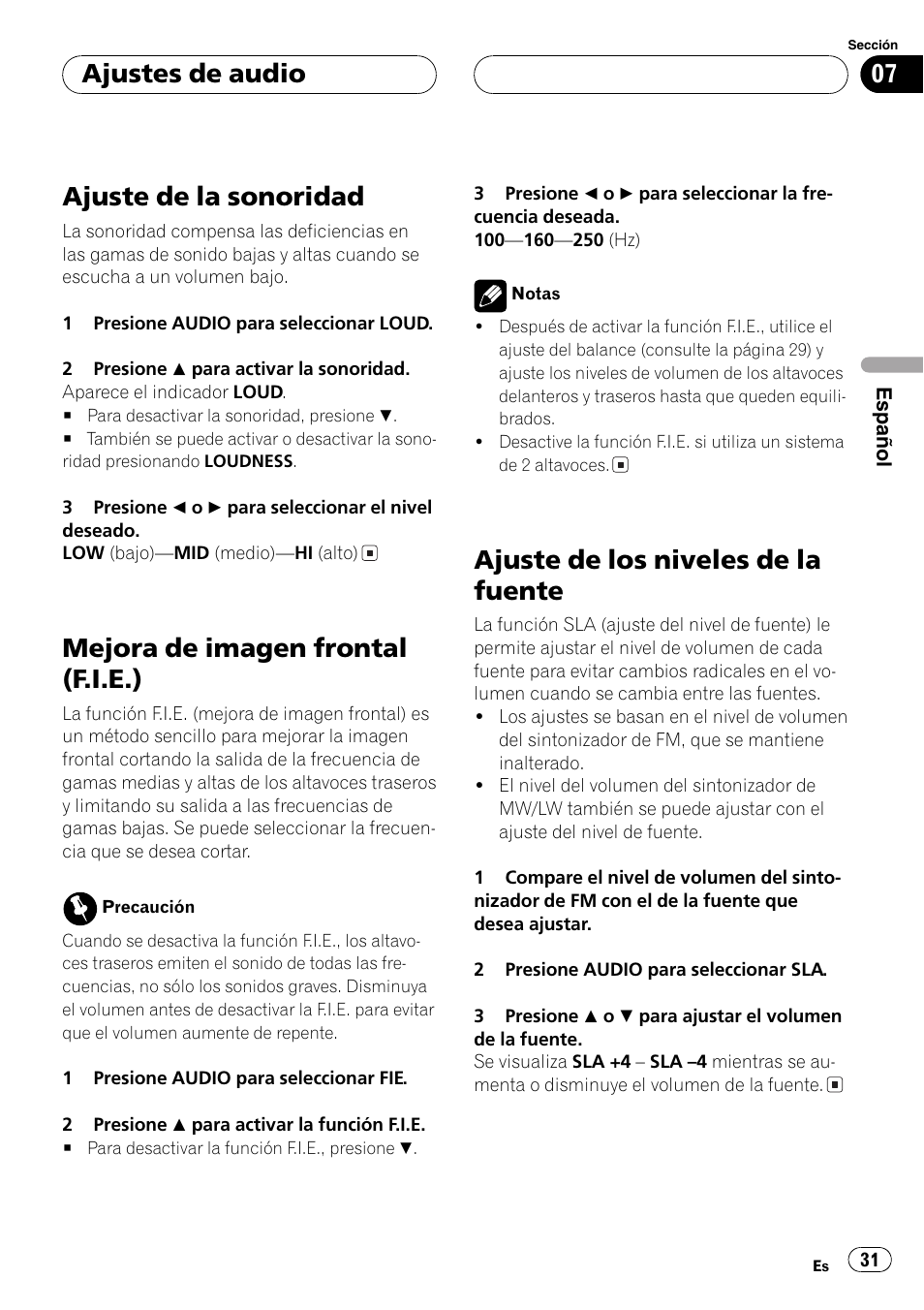 Ajuste de la sonoridad, Mejora de imagen frontal (f.i.e.), Ajuste de los niveles de la fuente | Ajustes de audio | Pioneer DEH-2700RB User Manual | Page 31 / 116