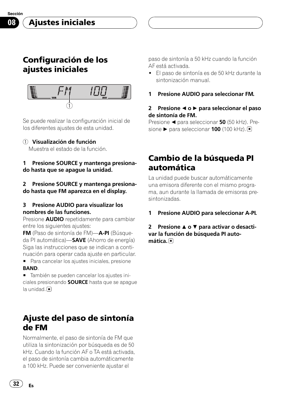 Configuración de los ajustes iniciales, Ajuste del paso de sintonía de fm, Cambio de la búsqueda pi automática | Ajustes iniciales | Pioneer DEH-2700RB User Manual | Page 32 / 116