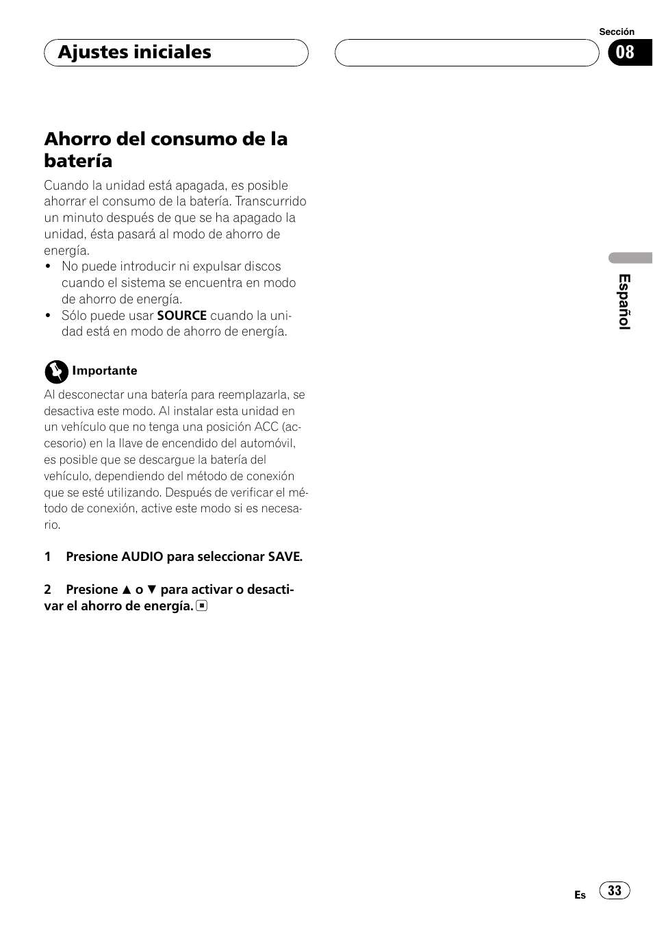 Ahorro del consumo de la batería 33, Ahorro del consumo de la batería, Ajustes iniciales | Pioneer DEH-2700RB User Manual | Page 33 / 116