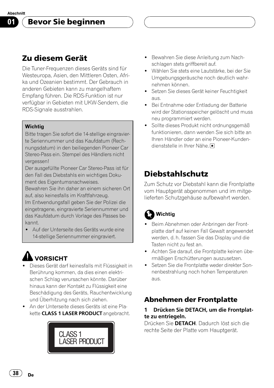 Bevor sie beginnen zu diesem gerät 38, Diebstahlschutz 38, Abnehmen der frontplatte 38 | Zu diesem gerät, Diebstahlschutz, Bevor sie beginnen, Class 1 laser product, Abnehmen der frontplatte | Pioneer DEH-2700RB User Manual | Page 38 / 116
