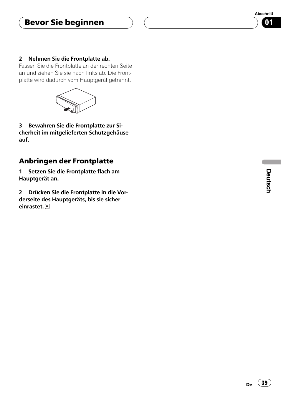 Anbringen der frontplatte 39, Bevor sie beginnen | Pioneer DEH-2700RB User Manual | Page 39 / 116