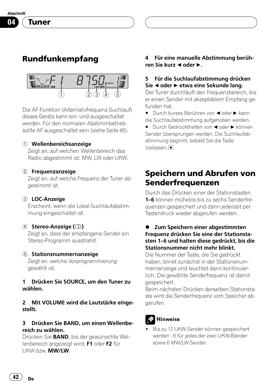 Tuner, Rundfunkempfang 42, Speichern und abrufen von | Senderfrequenzen 42, Rundfunkempfang, Speichern und abrufen von senderfrequenzen | Pioneer DEH-2700RB User Manual | Page 42 / 116