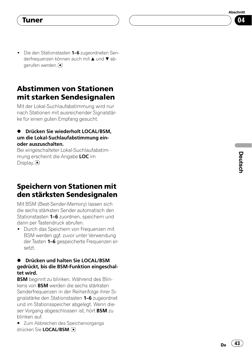 Abstimmen von stationen mit starken, Sendesignalen 43, Speichern von stationen mit den stärksten | Abstimmen von stationen mit starken sendesignalen, Tuner | Pioneer DEH-2700RB User Manual | Page 43 / 116