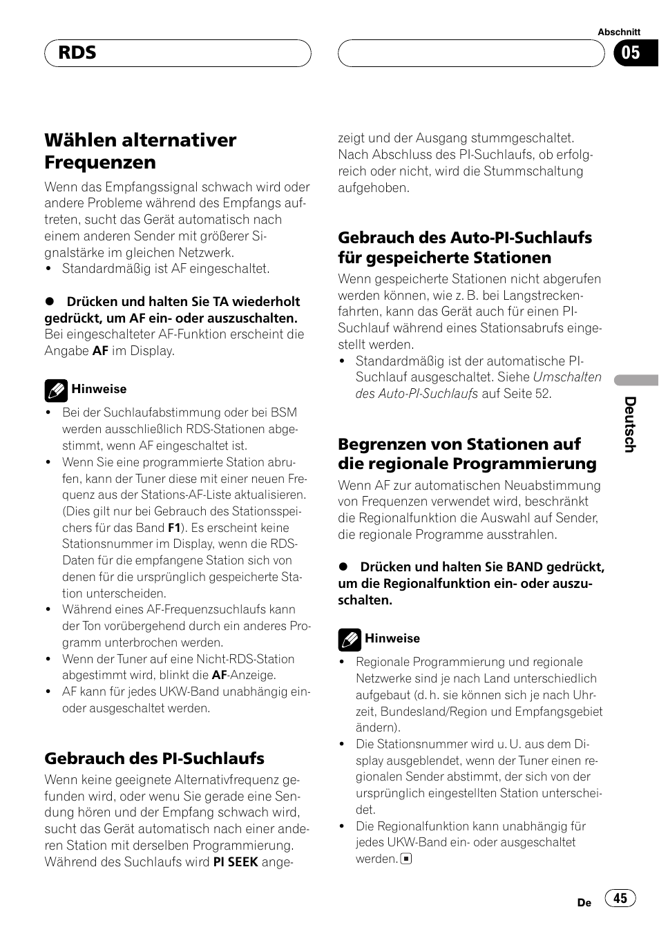 Wählen alternativer frequenzen 45, Gebrauch des pi-suchlaufs 45, Gebrauch des auto-pi-suchlaufs für | Gespeicherte stationen 45, Begrenzen von stationen auf die, Regionale programmierung 45, Wählen alternativer frequenzen, Gebrauch des pi-suchlaufs | Pioneer DEH-2700RB User Manual | Page 45 / 116