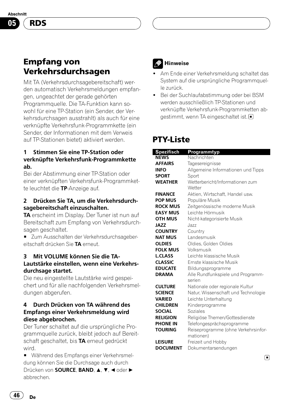 Empfang von verkehrsdurchsagen 46, Pty-liste 46, Empfang von verkehrsdurchsagen | Pty-liste | Pioneer DEH-2700RB User Manual | Page 46 / 116