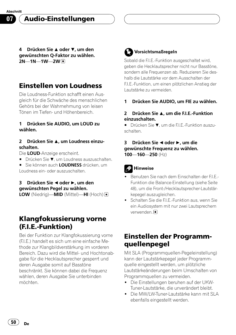 Einstellen von loudness 50, Klangfokussierung vorne (f.i.e.-funktion) 50, Einstellen der programmquellenpegel 50 | Einstellen von loudness, Klangfokussierung vorne (f.i.e.-funktion), Einstellen der programm- quellenpegel, Audio-einstellungen | Pioneer DEH-2700RB User Manual | Page 50 / 116