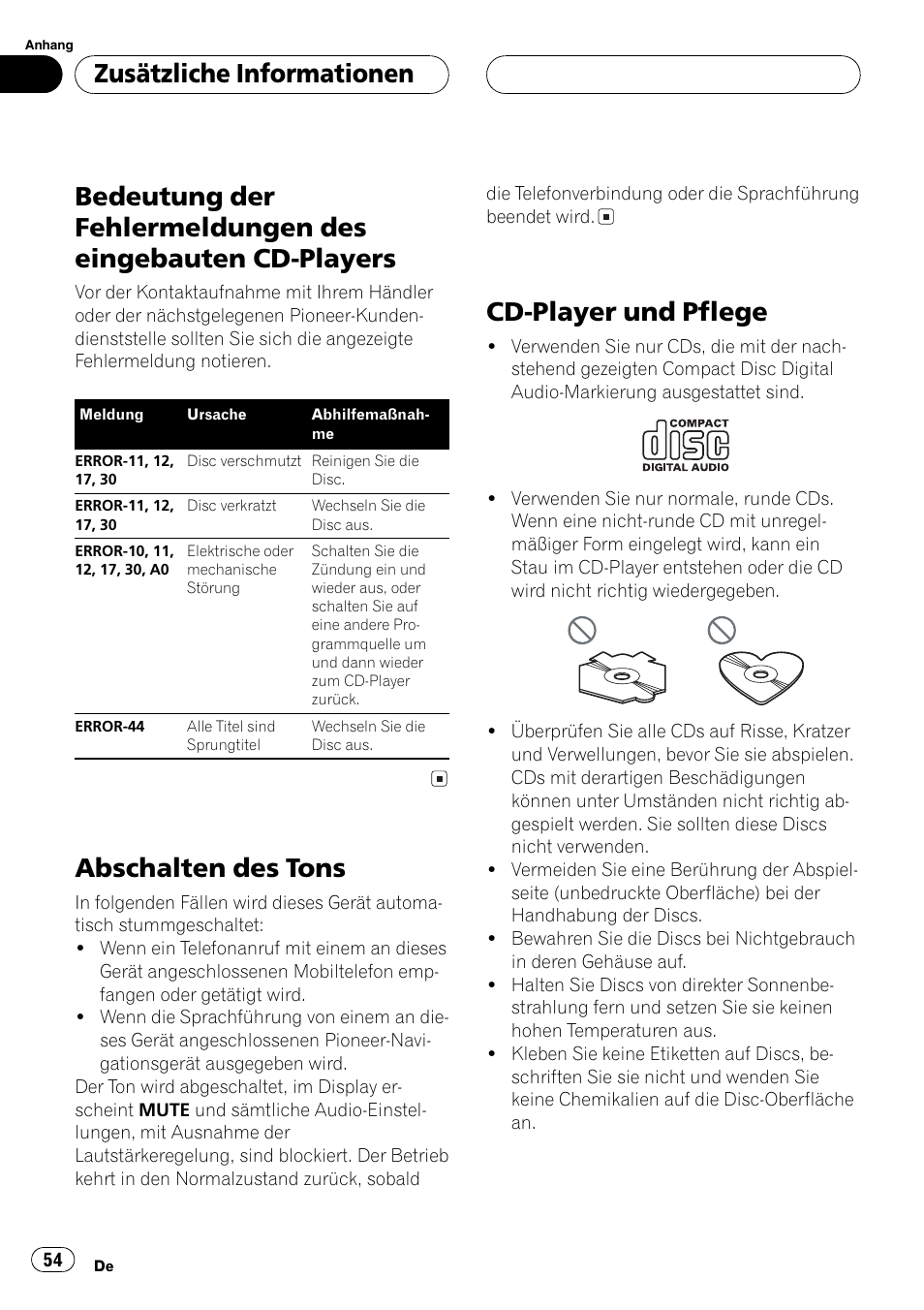 Zusätzliche informationen, Bedeutung der fehlermeldungen des, Eingebauten cd-players 54 | Abschalten des tons 54, Cd-player und pflege 54, Abschalten des tons, Cd-player und pflege | Pioneer DEH-2700RB User Manual | Page 54 / 116