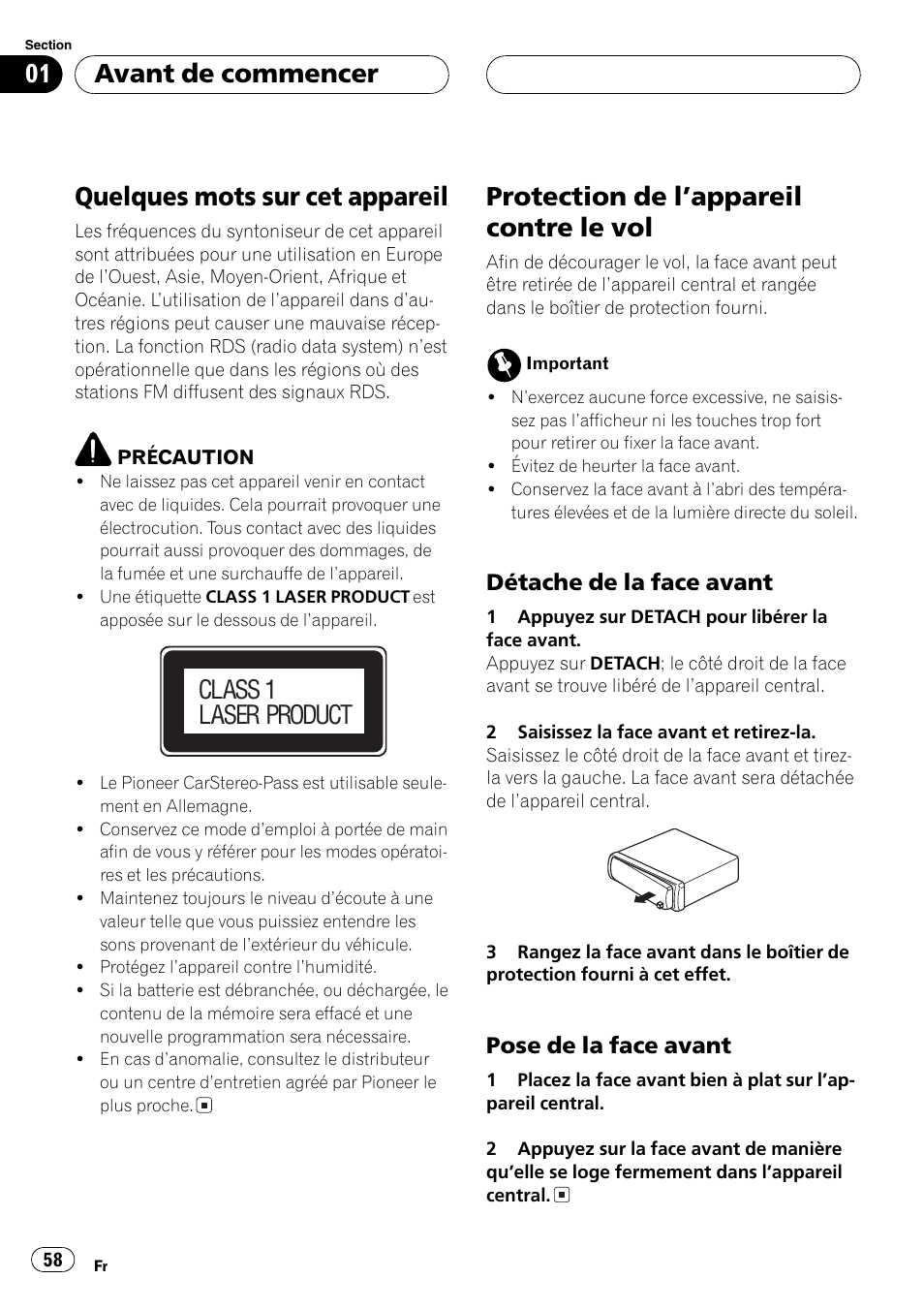 Protection de lappareil contre le vol 58, Détache de la face avant 58, Pose de la face avant 58 | Quelques mots sur cet appareil, Protection de lappareil contre le vol, Avant de commencer, Class 1 laser product, Détache de la face avant, Pose de la face avant | Pioneer DEH-2700RB User Manual | Page 58 / 116