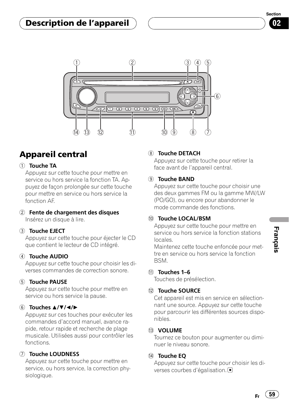 Description de lappareil, Appareil central 59, Appareil central | Pioneer DEH-2700RB User Manual | Page 59 / 116