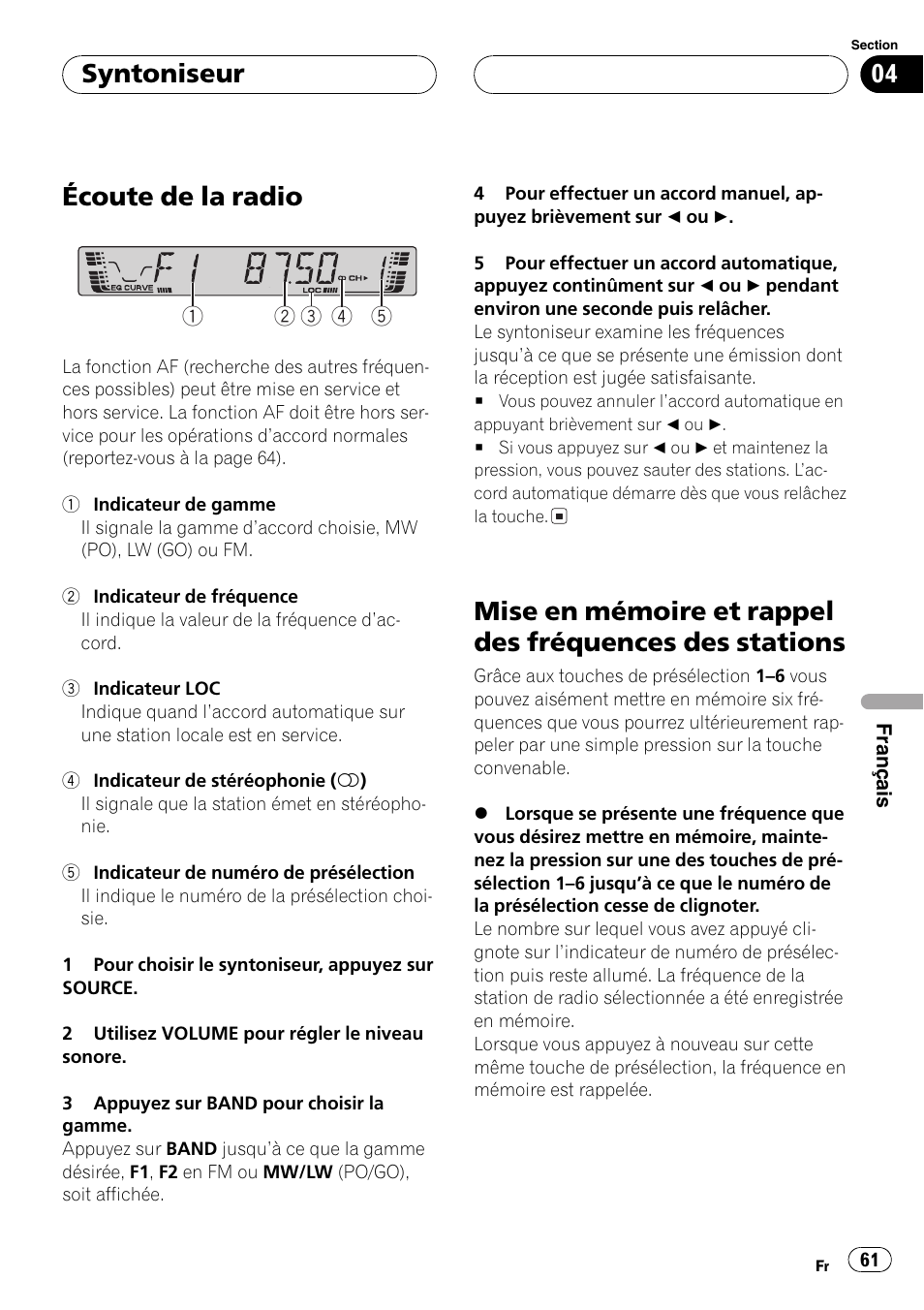 Syntoniseur, Écoute de la radio 61, Mise en mémoire et rappel des fréquences | Des stations 61, Écoute de la radio | Pioneer DEH-2700RB User Manual | Page 61 / 116