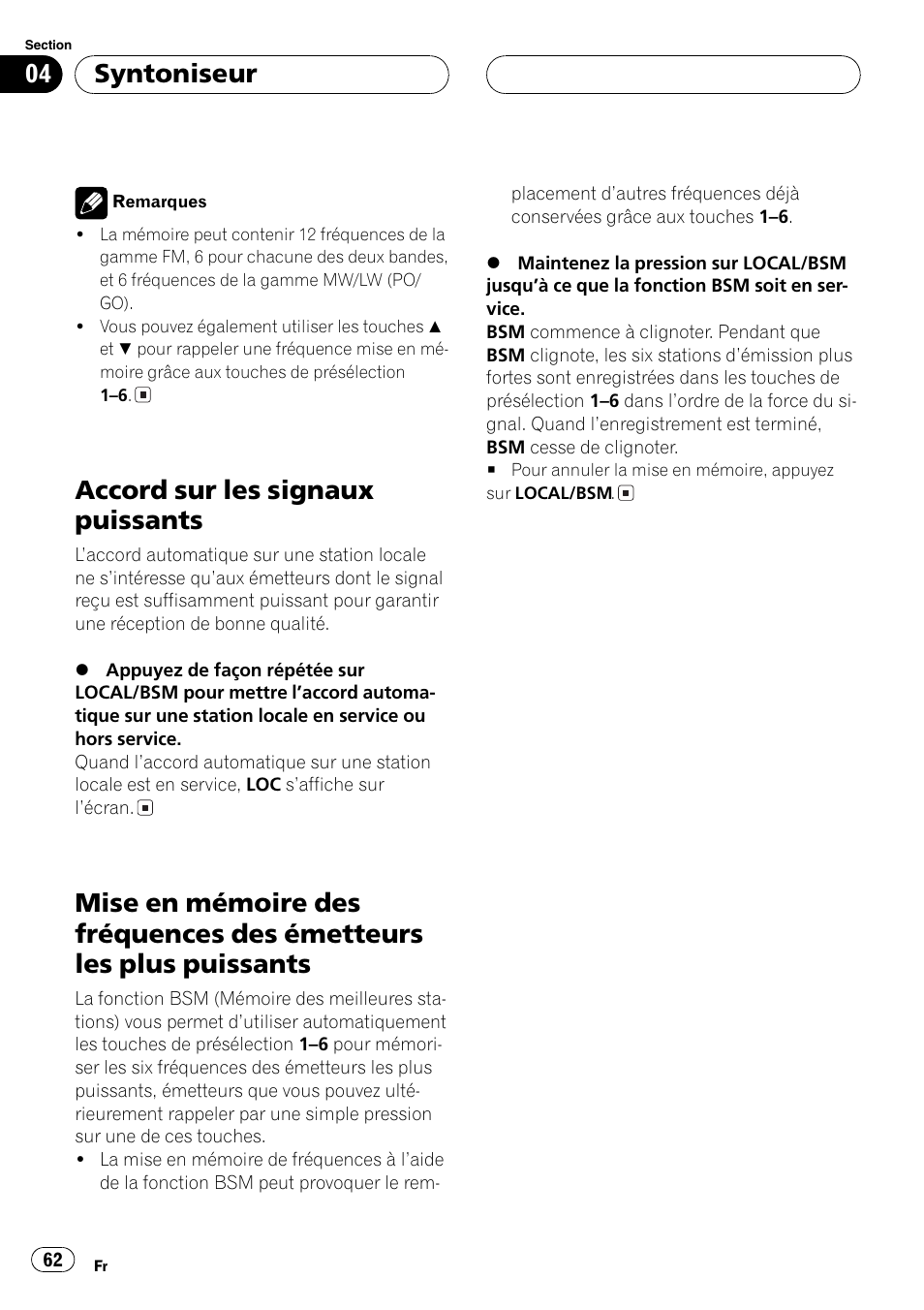 Accord sur les signaux puissants 62, Mise en mémoire des fréquences des, Émetteurs les plus puissants 62 | Accord sur les signaux puissants, Syntoniseur | Pioneer DEH-2700RB User Manual | Page 62 / 116