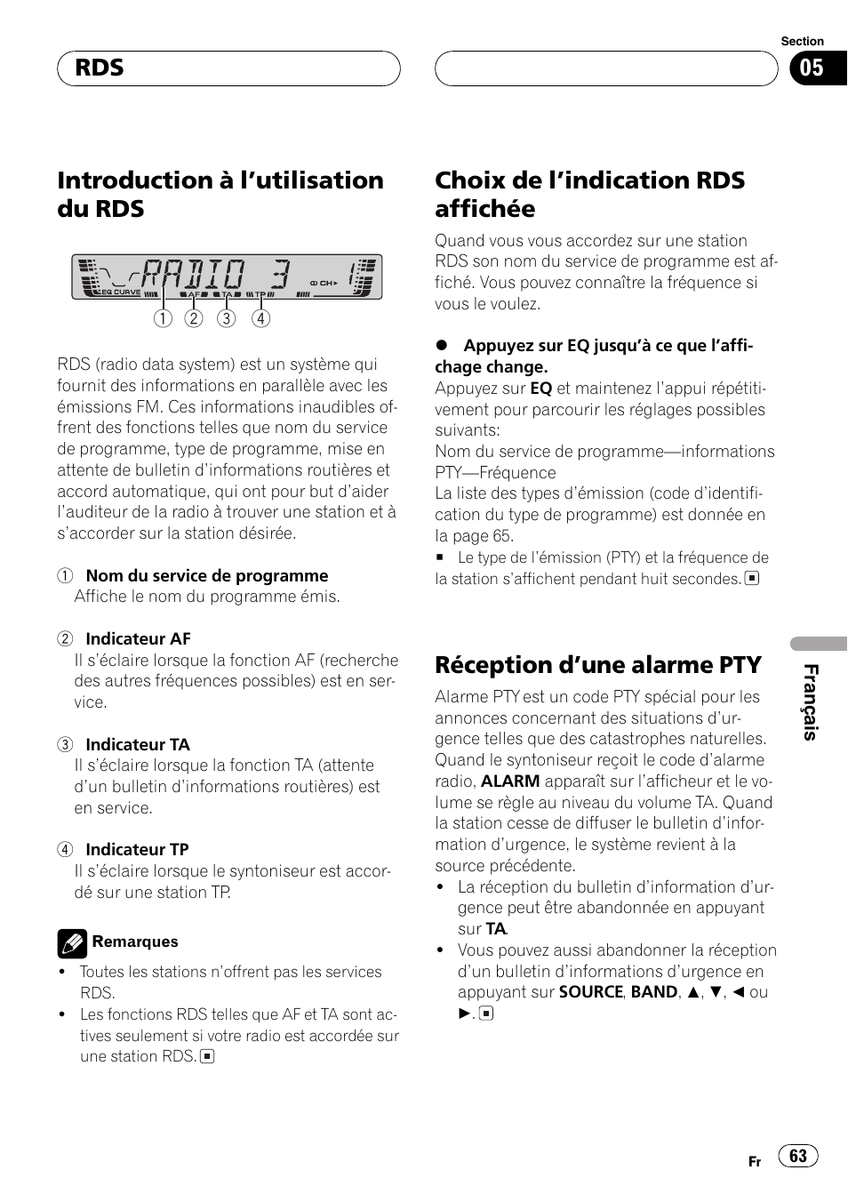 Introduction à lutilisation du rds 63, Choix de lindication rds affichée 63, Réception dune alarme pty 63 | Introduction à lutilisation du rds, Choix de lindication rds affichée, Réception dune alarme pty | Pioneer DEH-2700RB User Manual | Page 63 / 116