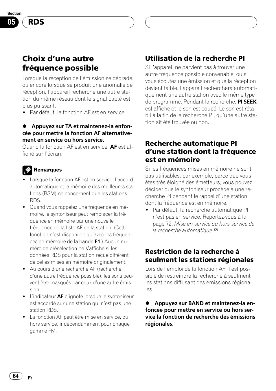 Choix dune autre fréquence possible 64, Utilisation de la recherche pi 64, Recherche automatique pidune | Station dont la fréquence est en, Mémoire 64, Restriction de la recherche à, Seulment les stations régionales 64, Choix dune autre fréquence possible | Pioneer DEH-2700RB User Manual | Page 64 / 116