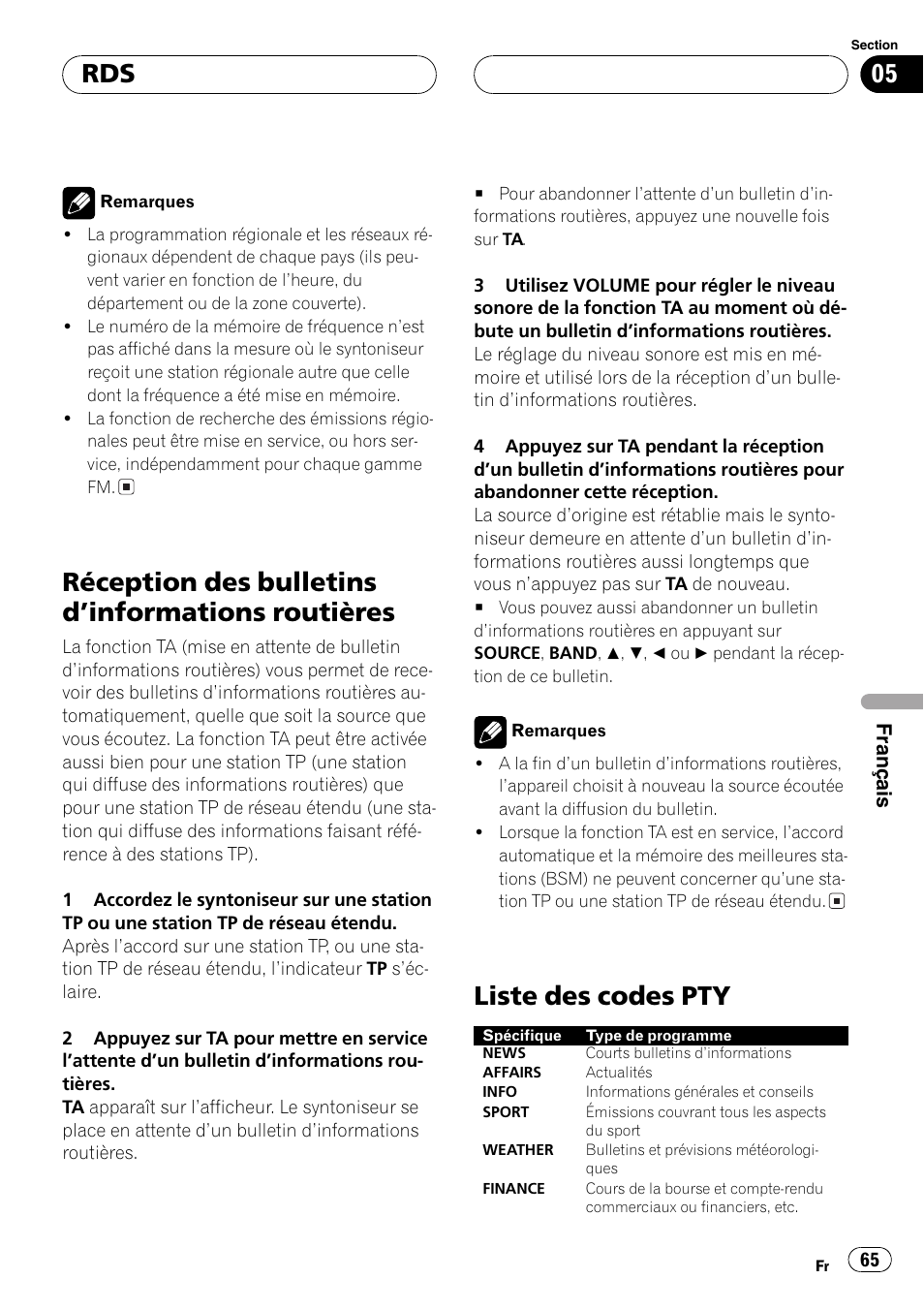 Réception des bulletins dinformations, Routières 65, Liste des codes pty 65 | Réception des bulletins dinformations routières, Liste des codes pty | Pioneer DEH-2700RB User Manual | Page 65 / 116