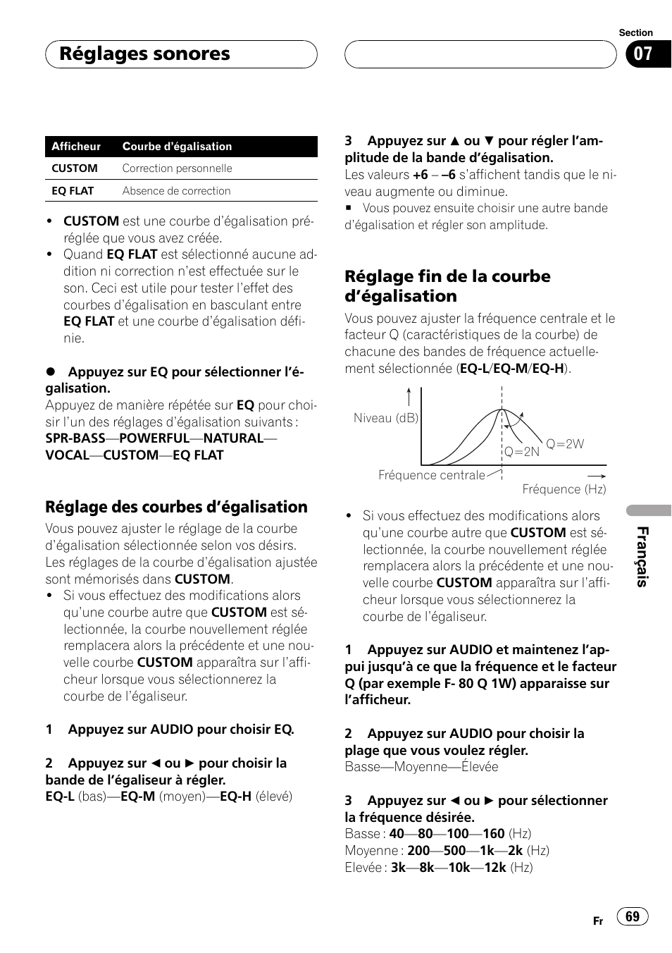 Réglage des courbes, Dégalisation 69, Réglage fin de la courbe | Réglages sonores, Réglage des courbes dégalisation, Réglage fin de la courbe dégalisation | Pioneer DEH-2700RB User Manual | Page 69 / 116