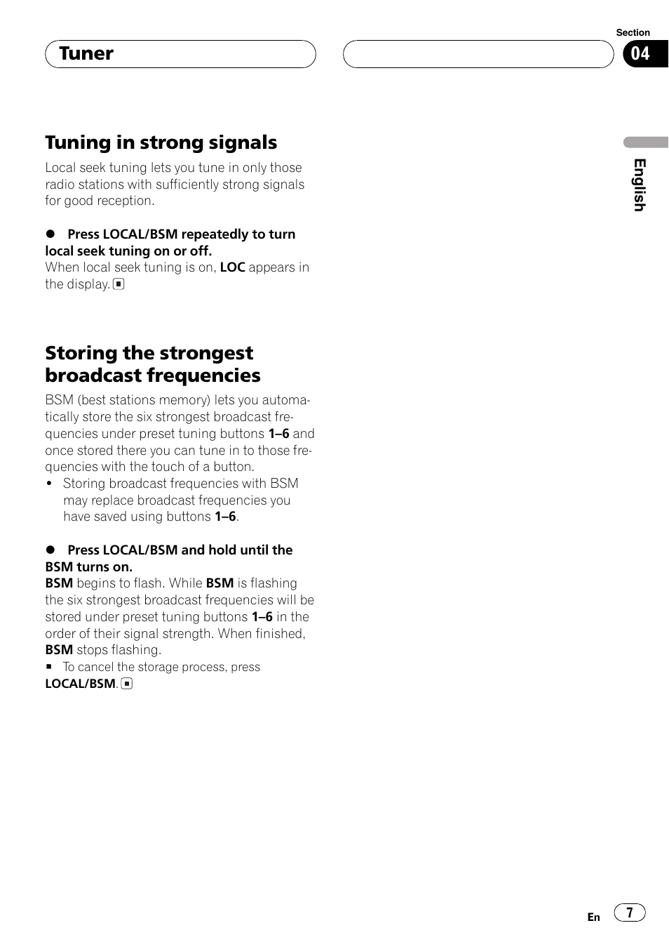 Frequencies 7, Tuning in strong signals, Storing the strongest broadcast frequencies | Tuner | Pioneer DEH-2700RB User Manual | Page 7 / 116