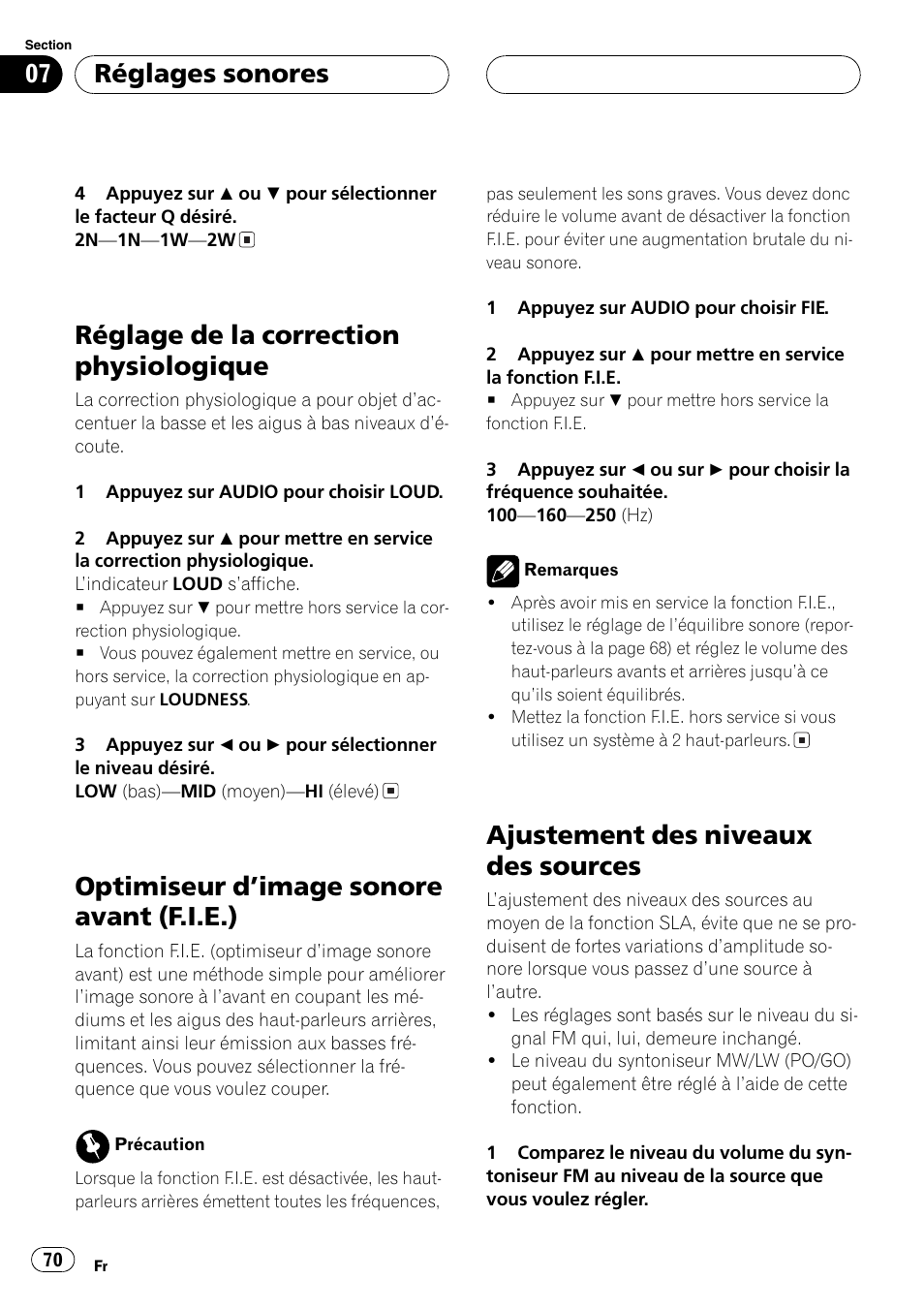 Réglage de la correction physiologique 70, Optimiseur dimage sonore avant (f.i.e.) 70, Ajustement des niveaux des sources 70 | Réglage de la correction physiologique, Optimiseur dimage sonore avant (f.i.e.), Ajustement des niveaux des sources, Réglages sonores | Pioneer DEH-2700RB User Manual | Page 70 / 116