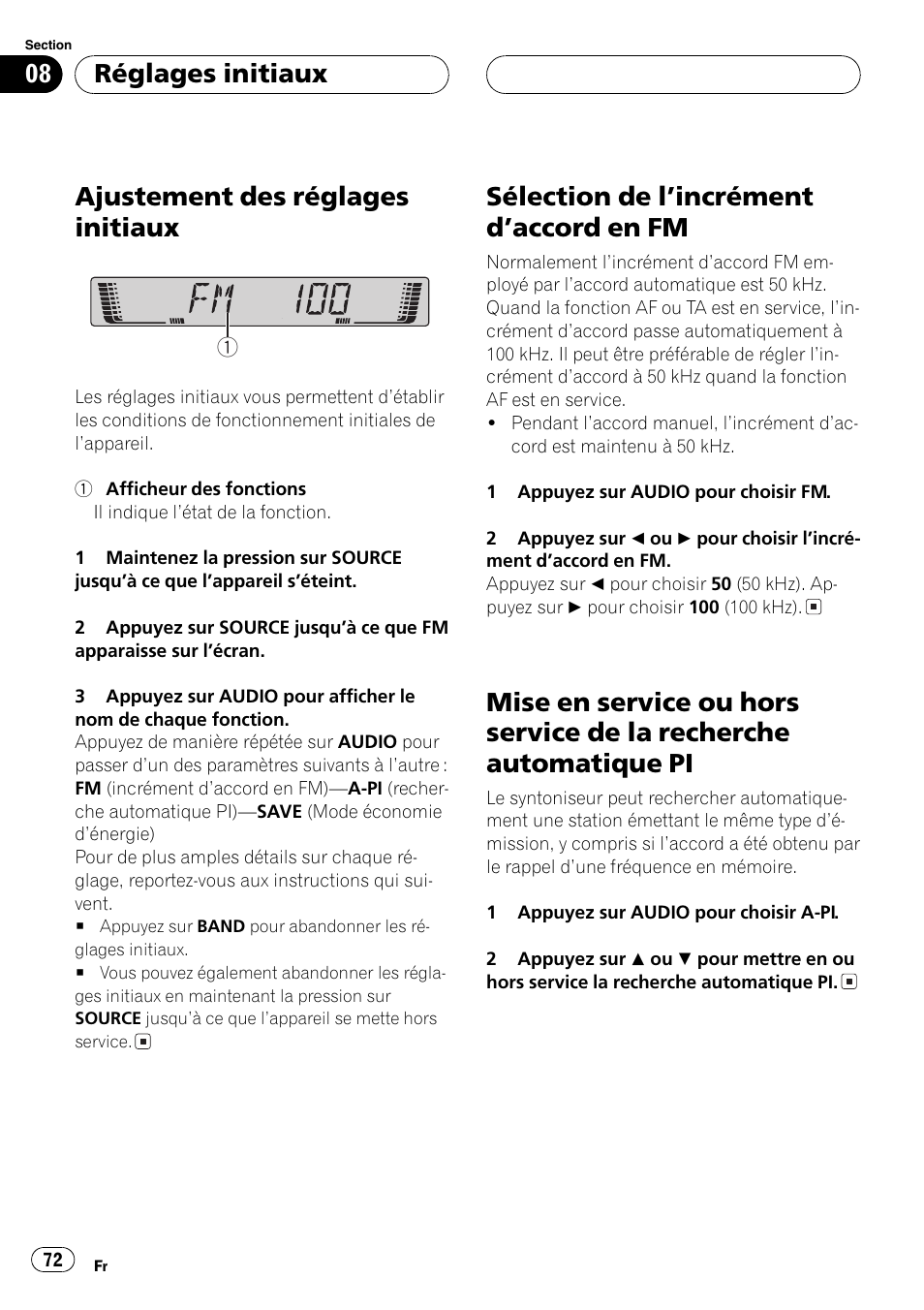 Réglages initiaux, Ajustement des réglages initiaux 72, Sélection de lincrément daccord en fm 72 | Mise en service ou hors service de la, Recherche automatique pi 72, Ajustement des réglages initiaux, Sélection de lincrément daccord en fm | Pioneer DEH-2700RB User Manual | Page 72 / 116