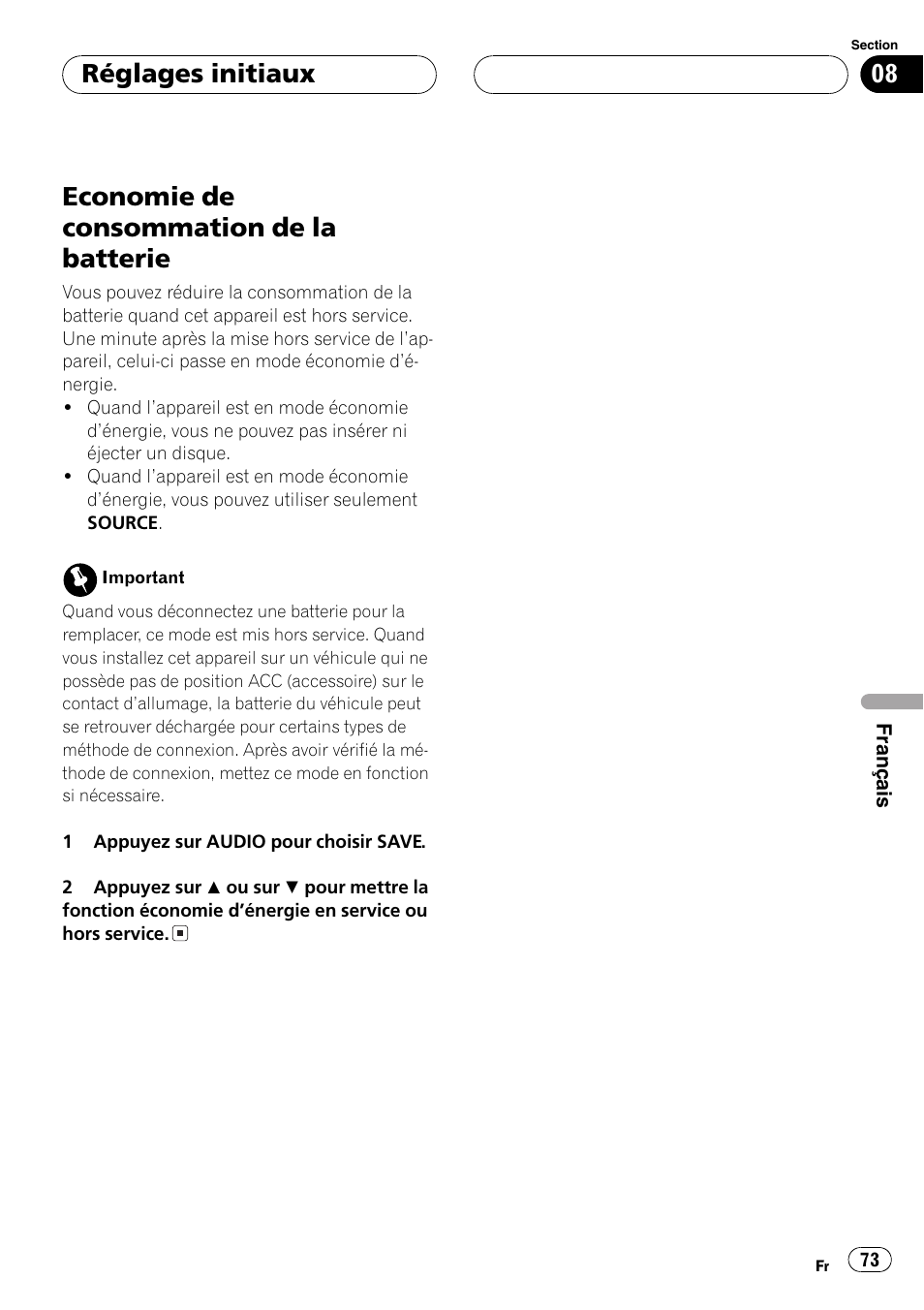 Economie de consommation de la, Batterie 73, Economie de consommation de la batterie | Réglages initiaux | Pioneer DEH-2700RB User Manual | Page 73 / 116