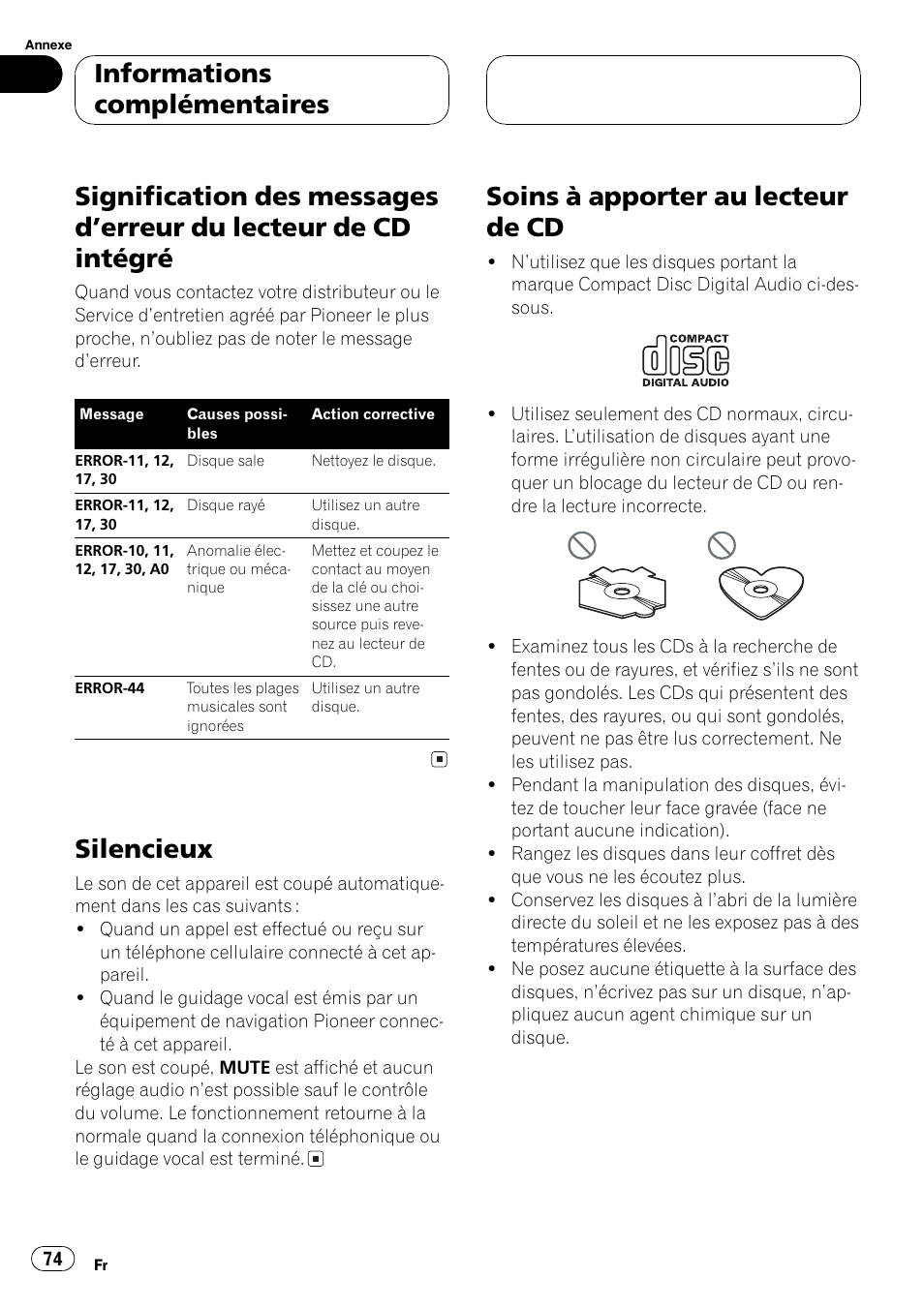 Informations complémentaires, Signification des messages derreur du, Lecteur de cd intégré 74 | Silencieux 74, Soins à apporter au lecteur de cd 74, Silencieux, Soins à apporter au lecteur de cd | Pioneer DEH-2700RB User Manual | Page 74 / 116