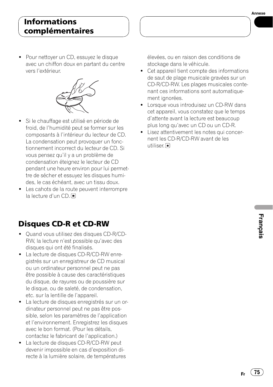 Disques cd-r et cd-rw 75, Disques cd-r et cd-rw, Informations complémentaires | Pioneer DEH-2700RB User Manual | Page 75 / 116