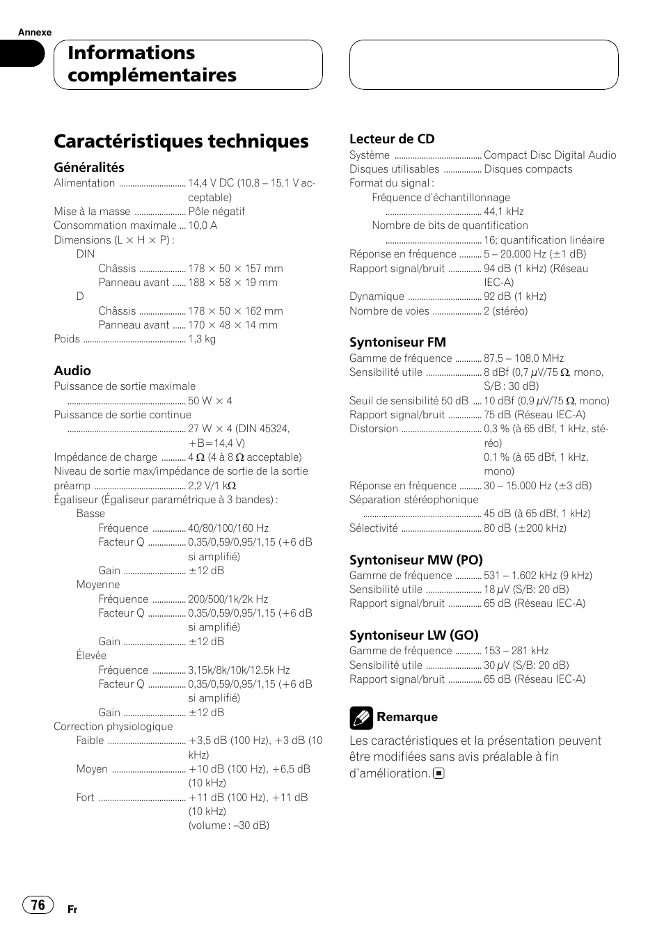 Caractéristiques techniques 76, Caractéristiques techniques, Informations complémentaires | Pioneer DEH-2700RB User Manual | Page 76 / 116