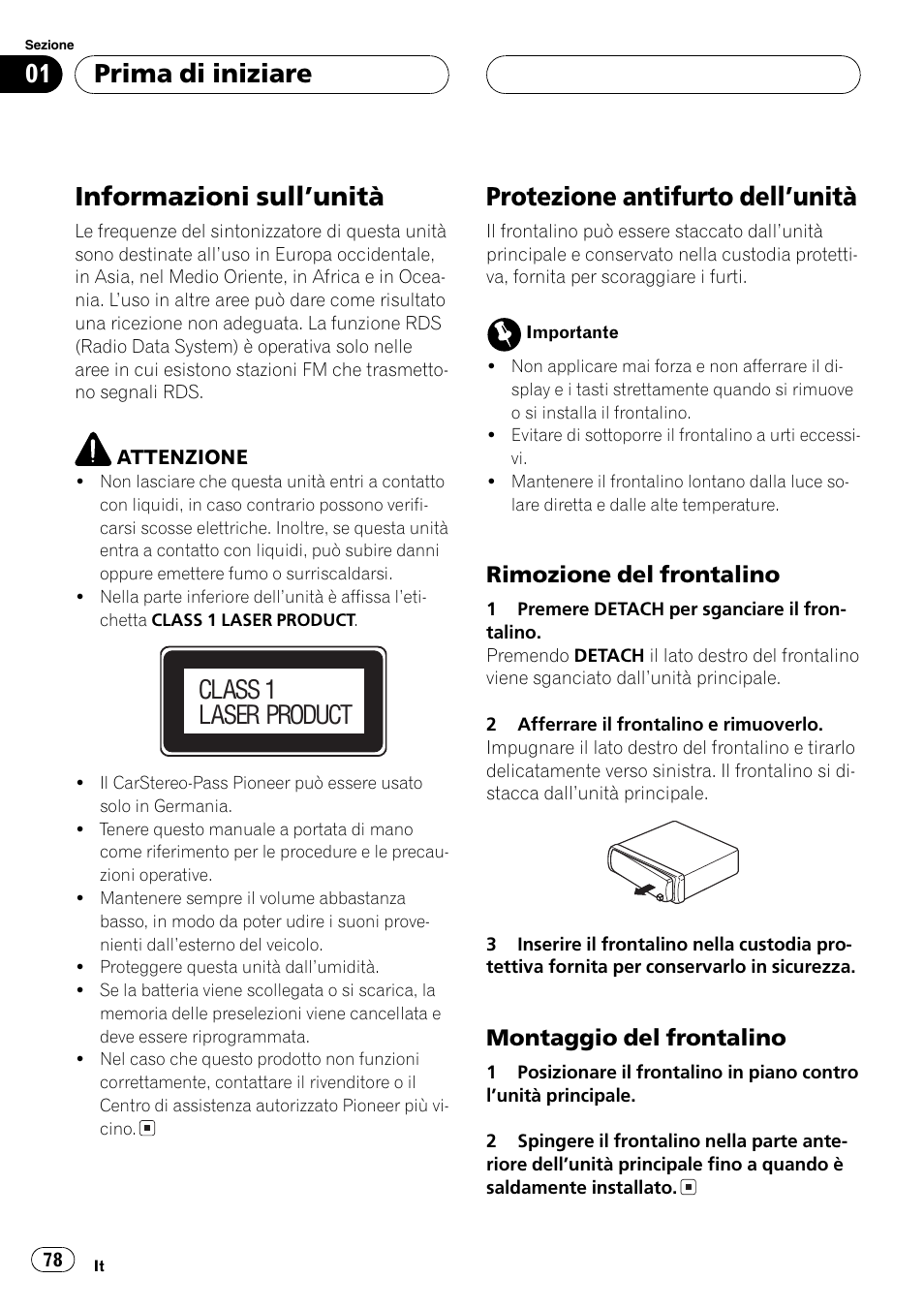 Prima di iniziare informazioni sullunità 78, Protezione antifurto dellunità 78, Rimozione del frontalino 78 | Montaggio del frontalino 78, Informazioni sullunità, Protezione antifurto dellunità, Prima di iniziare, Class 1 laser product, Rimozione del frontalino, Montaggio del frontalino | Pioneer DEH-2700RB User Manual | Page 78 / 116