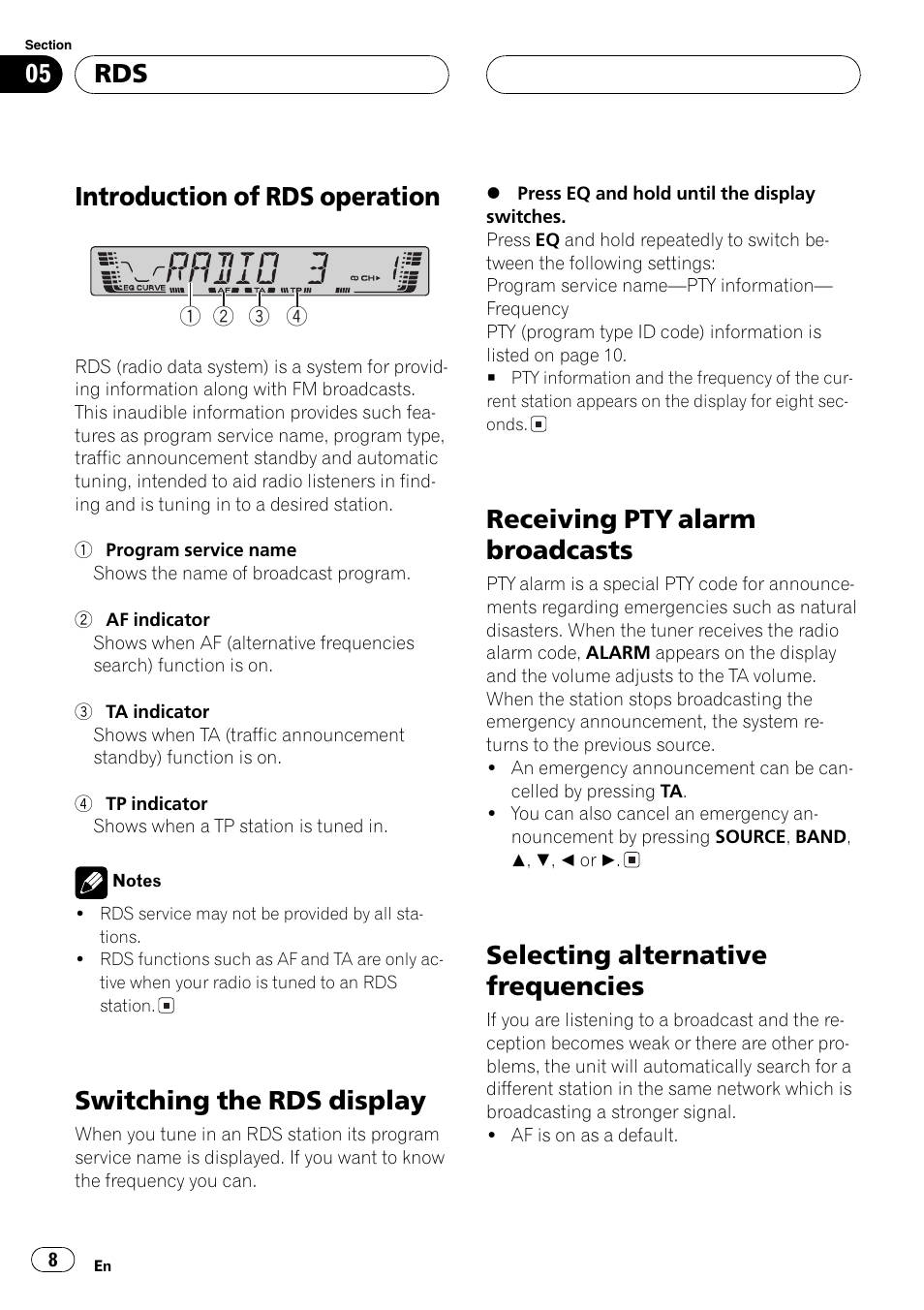 Introduction of rds operation, Switching the rds display, Receiving pty alarm broadcasts | Selecting alternative frequencies | Pioneer DEH-2700RB User Manual | Page 8 / 116