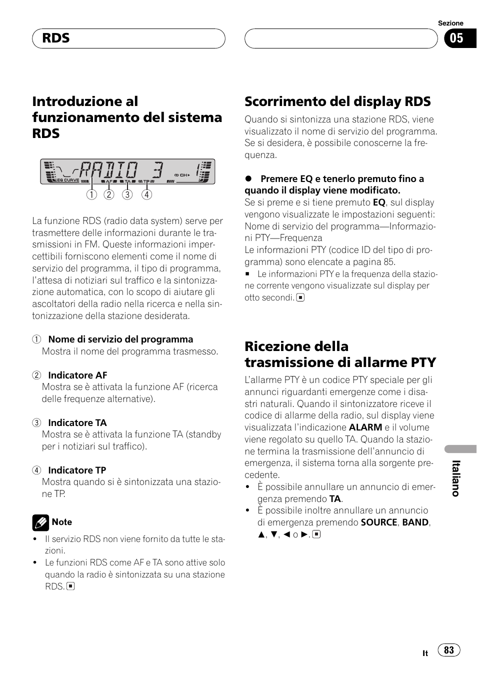 Introduzione al funzionamento del sistema, Rds 83, Scorrimento del display rds 83 | Ricezione della trasmissione di allarme, Pty 83, Introduzione al funzionamento del sistema rds, Scorrimento del display rds, Ricezione della trasmissione di allarme pty | Pioneer DEH-2700RB User Manual | Page 83 / 116