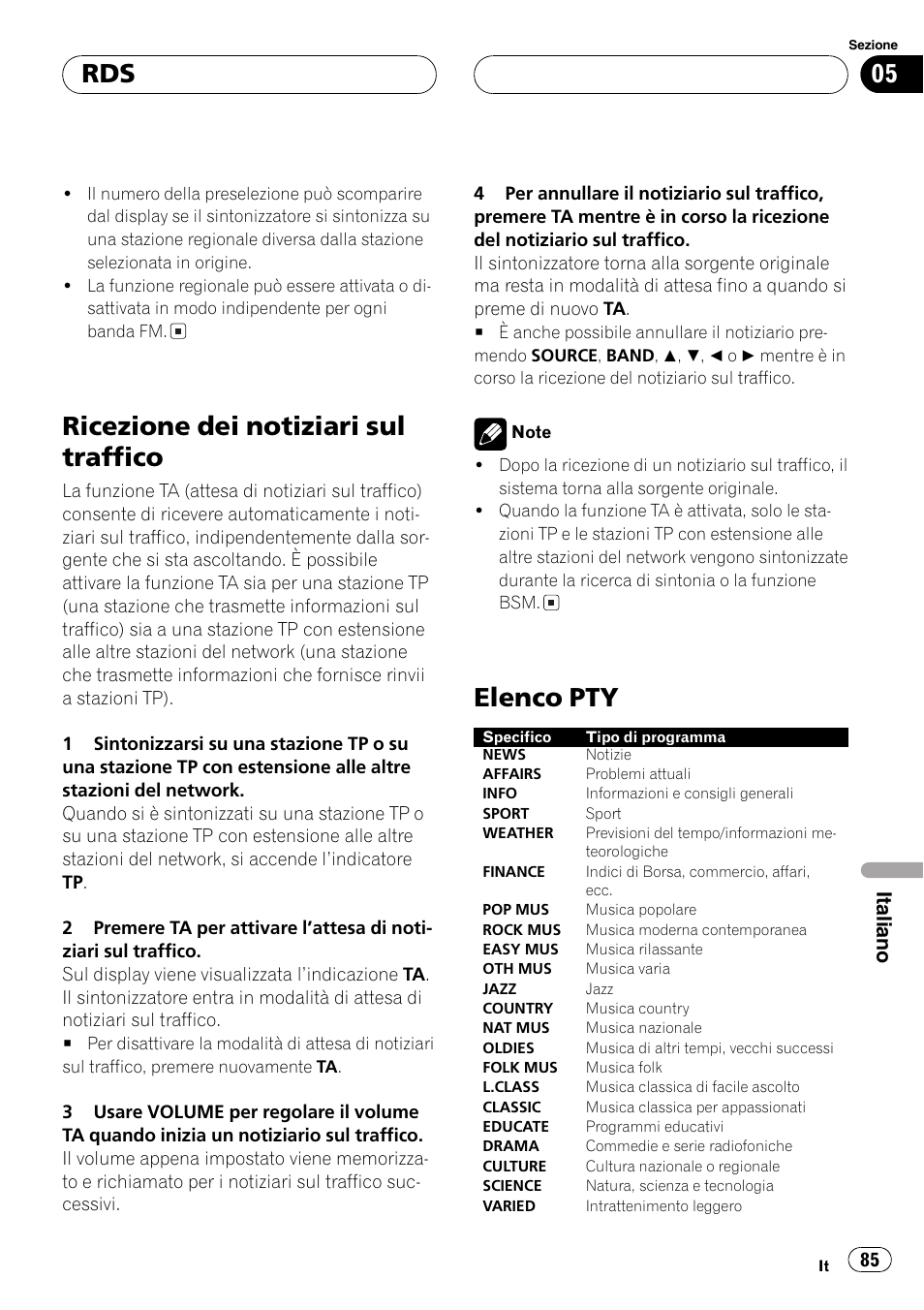 Ricezione dei notiziari sul traffico 85, Elenco pty 85, Ricezione dei notiziari sul traffico | Elenco pty, Italiano | Pioneer DEH-2700RB User Manual | Page 85 / 116