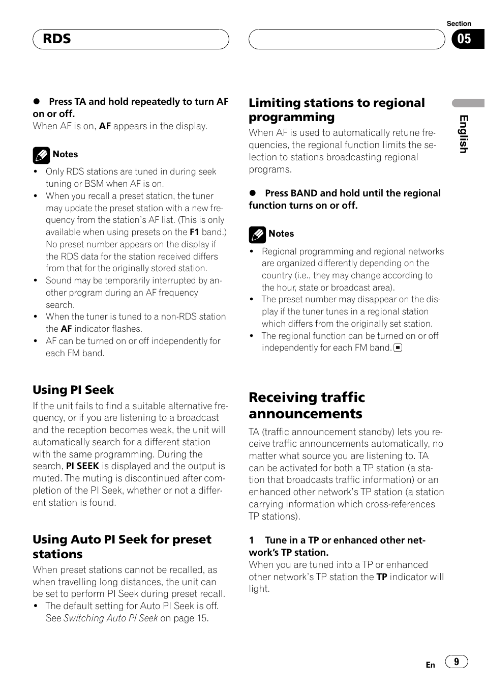 Using piseek 9, Using auto piseek for preset, Stations 9 | Limiting stations to regional, Programming 9, Receiving traffic announcements 9, Receiving traffic announcements, Using pi seek, Using auto pi seek for preset stations, Limiting stations to regional programming | Pioneer DEH-2700RB User Manual | Page 9 / 116