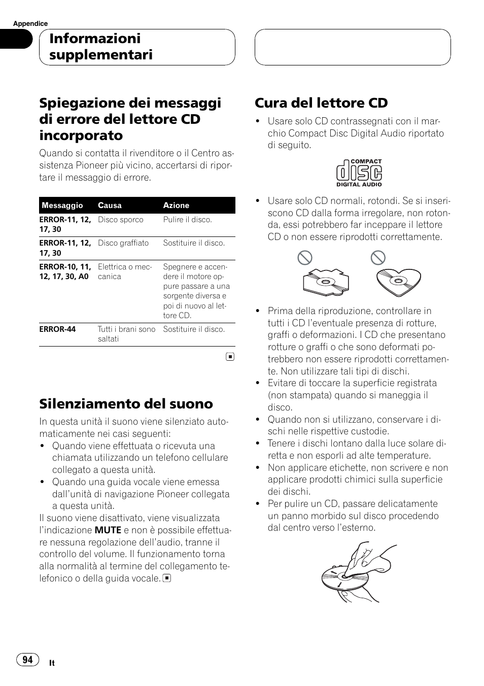 Informazioni supplementari, Spiegazione dei messaggi di errore del, Lettore cd incorporato 94 | Silenziamento del suono 94, Cura del lettore cd 94, Silenziamento del suono, Cura del lettore cd | Pioneer DEH-2700RB User Manual | Page 94 / 116