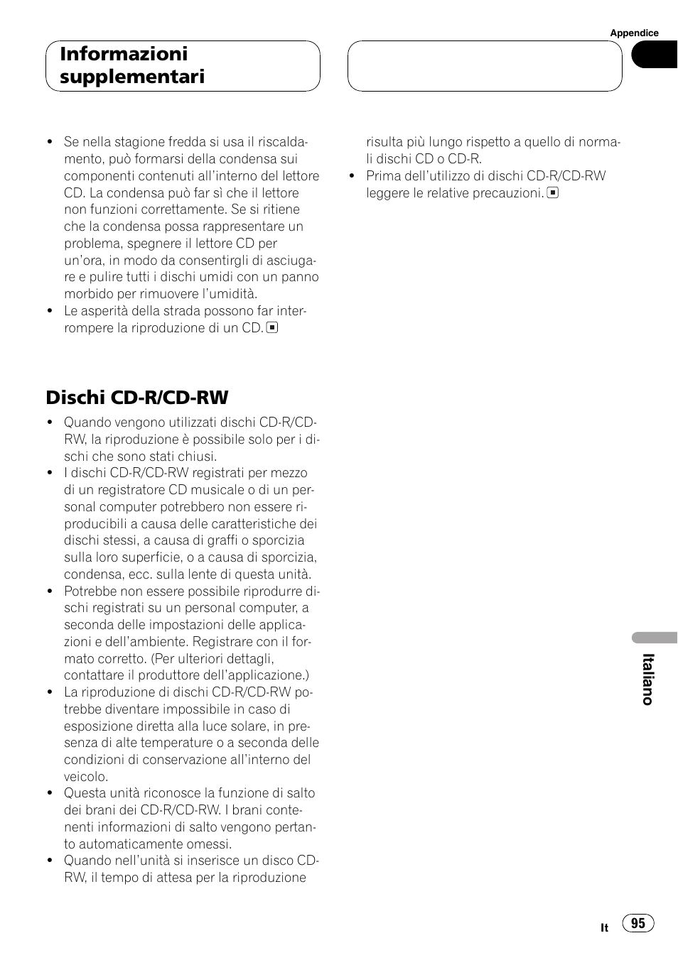 Dischi cd-r/cd-rw 95, Dischi cd-r/cd-rw, Informazioni supplementari | Pioneer DEH-2700RB User Manual | Page 95 / 116