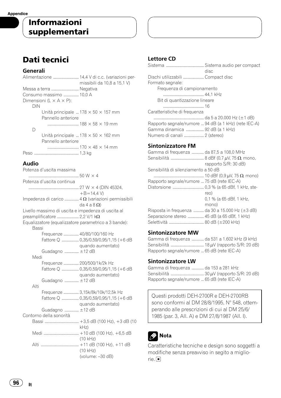 Dati tecnici 96, Dati tecnici, Informazioni supplementari | Pioneer DEH-2700RB User Manual | Page 96 / 116