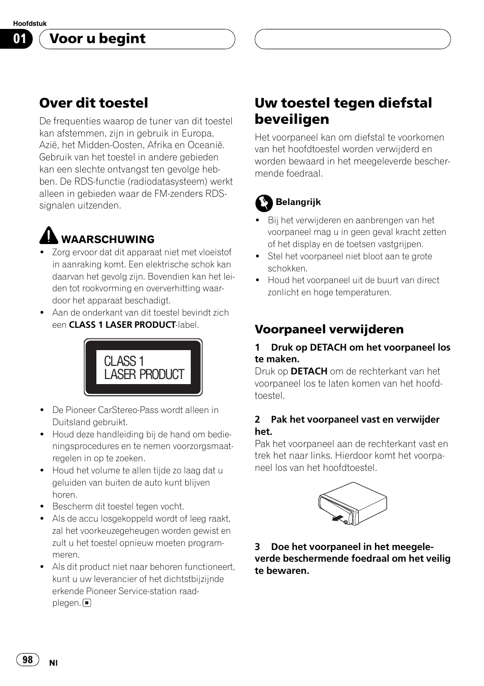 Voor u begint over dit toestel 98, Uw toestel tegen diefstal beveiligen 98, Voorpaneel verwijderen 98 | Over dit toestel, Uw toestel tegen diefstal beveiligen, Voor u begint, Class 1 laser product, Voorpaneel verwijderen | Pioneer DEH-2700RB User Manual | Page 98 / 116