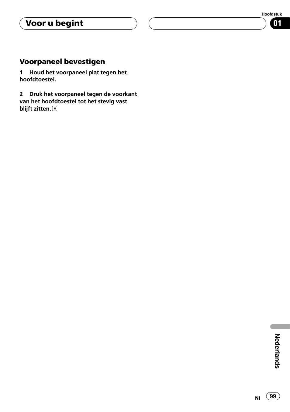 Voorpaneel bevestigen 99, Voor u begint | Pioneer DEH-2700RB User Manual | Page 99 / 116
