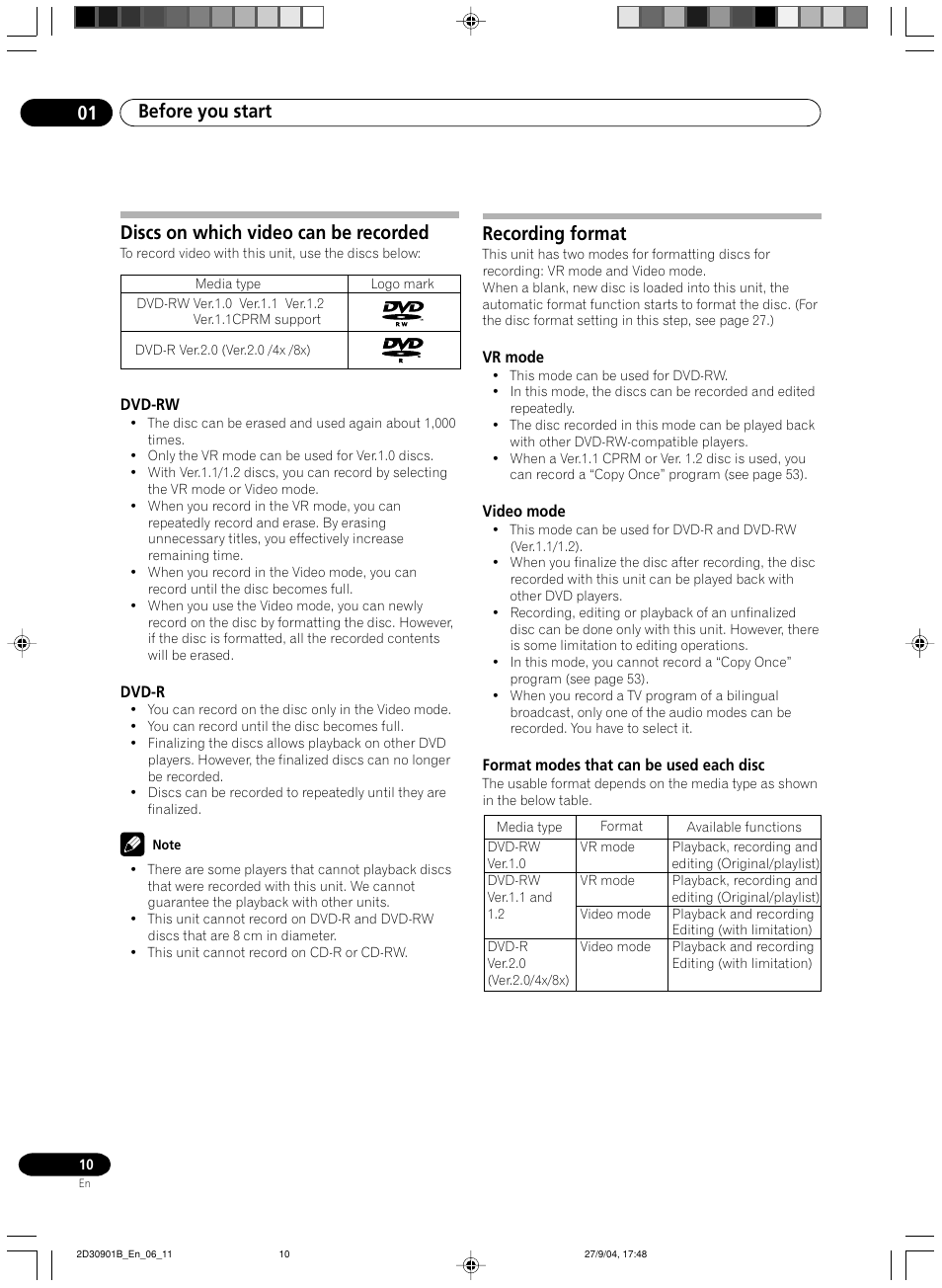 Discs on which video can be recorded, Recording format | Pioneer dvr-rt500 User Manual | Page 10 / 91