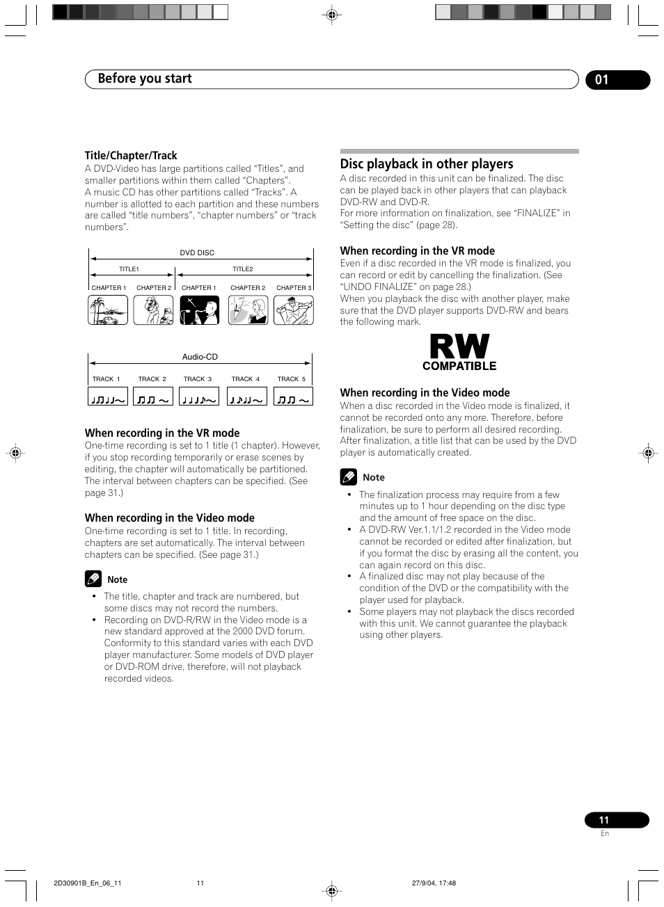 Disc playback in other players, Before you start 01, Title/chapter/track | When recording in the vr mode, When recording in the video mode | Pioneer dvr-rt500 User Manual | Page 11 / 91