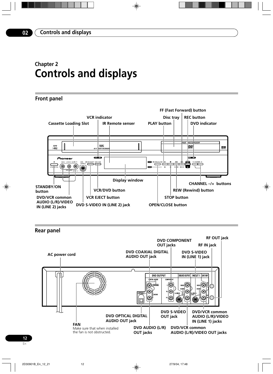 02 controls and displays, Front panel, Rear panel | Controls and displays, Controls and displays 02, Front panel chapter 2 | Pioneer dvr-rt500 User Manual | Page 12 / 91