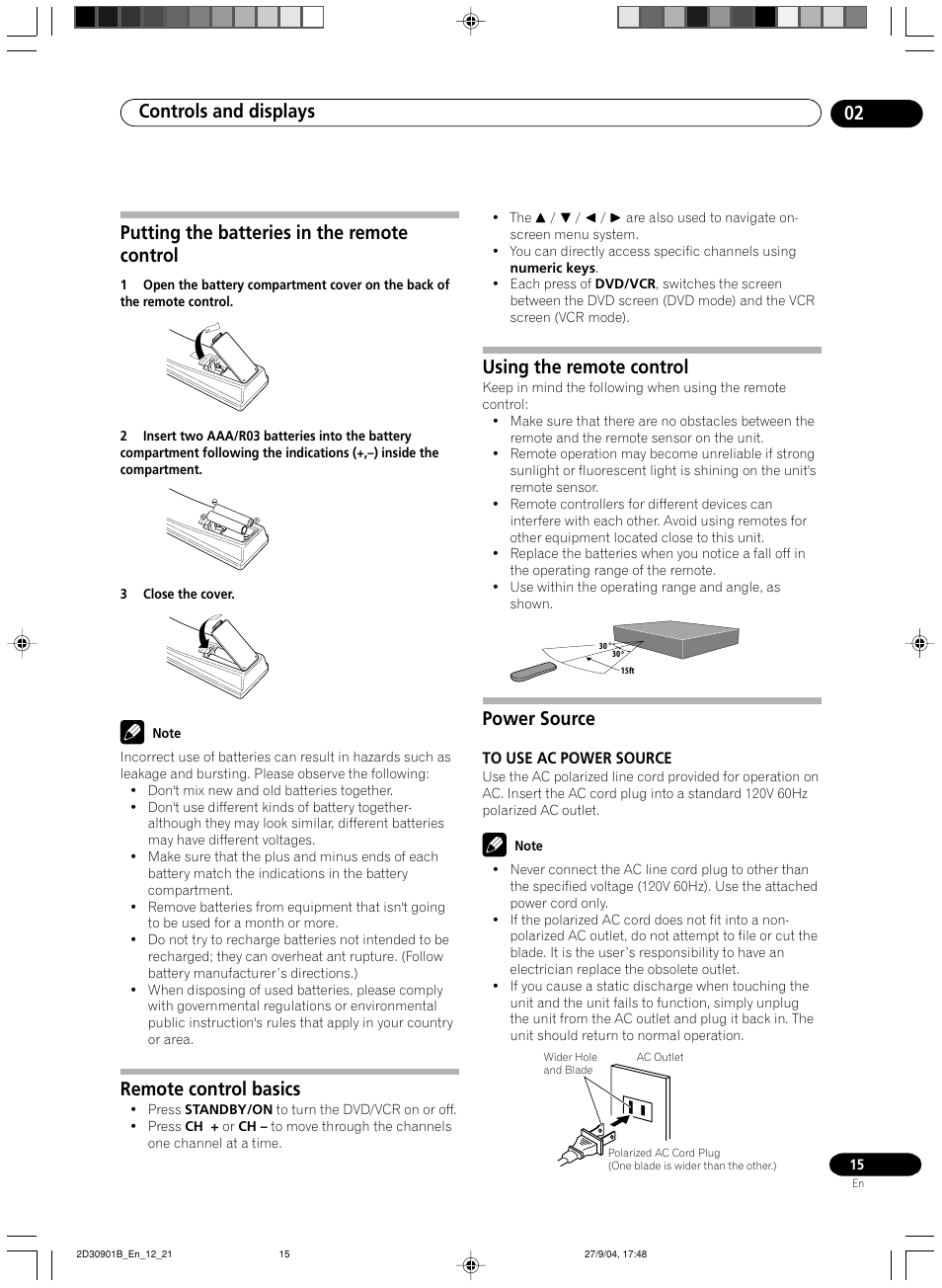 Putting the batteries in the remote control, Remote control basics, Using the remote control | Power source, Controls and displays 02 | Pioneer dvr-rt500 User Manual | Page 15 / 91