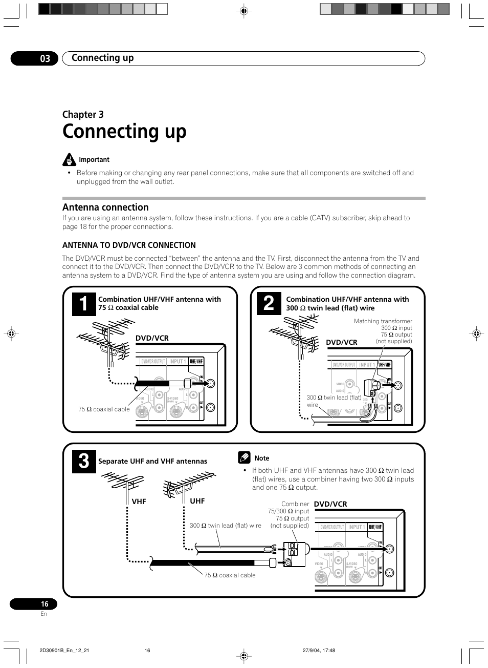 03 connecting up, Antenna connection, Connecting up | Connecting up 03, Chapter 3 | Pioneer dvr-rt500 User Manual | Page 16 / 91