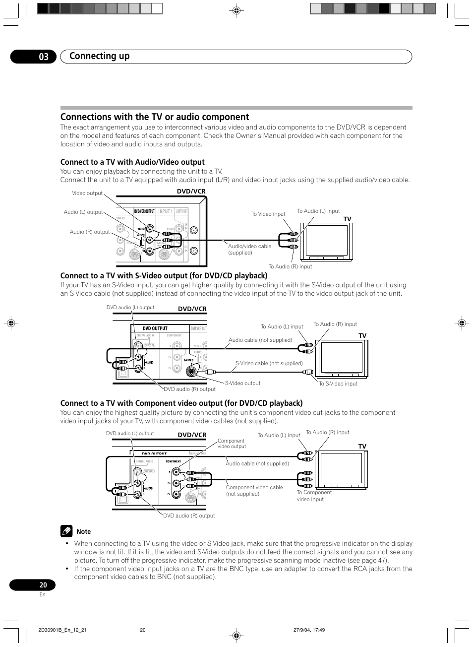 Connections with the tv or audio component, Connecting up 03, Connect to a tv with audio/video output | Pioneer dvr-rt500 User Manual | Page 20 / 91