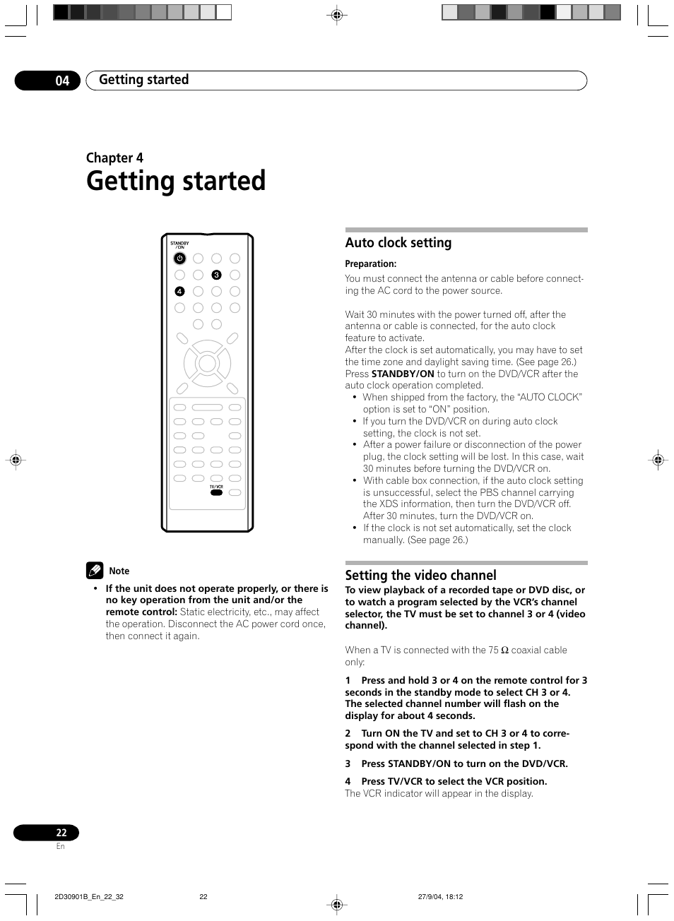 04 getting started, Auto clock setting / setting the video channel, Getting started | Getting started 04, Chapter 4, Auto clock setting, Setting the video channel | Pioneer dvr-rt500 User Manual | Page 22 / 91